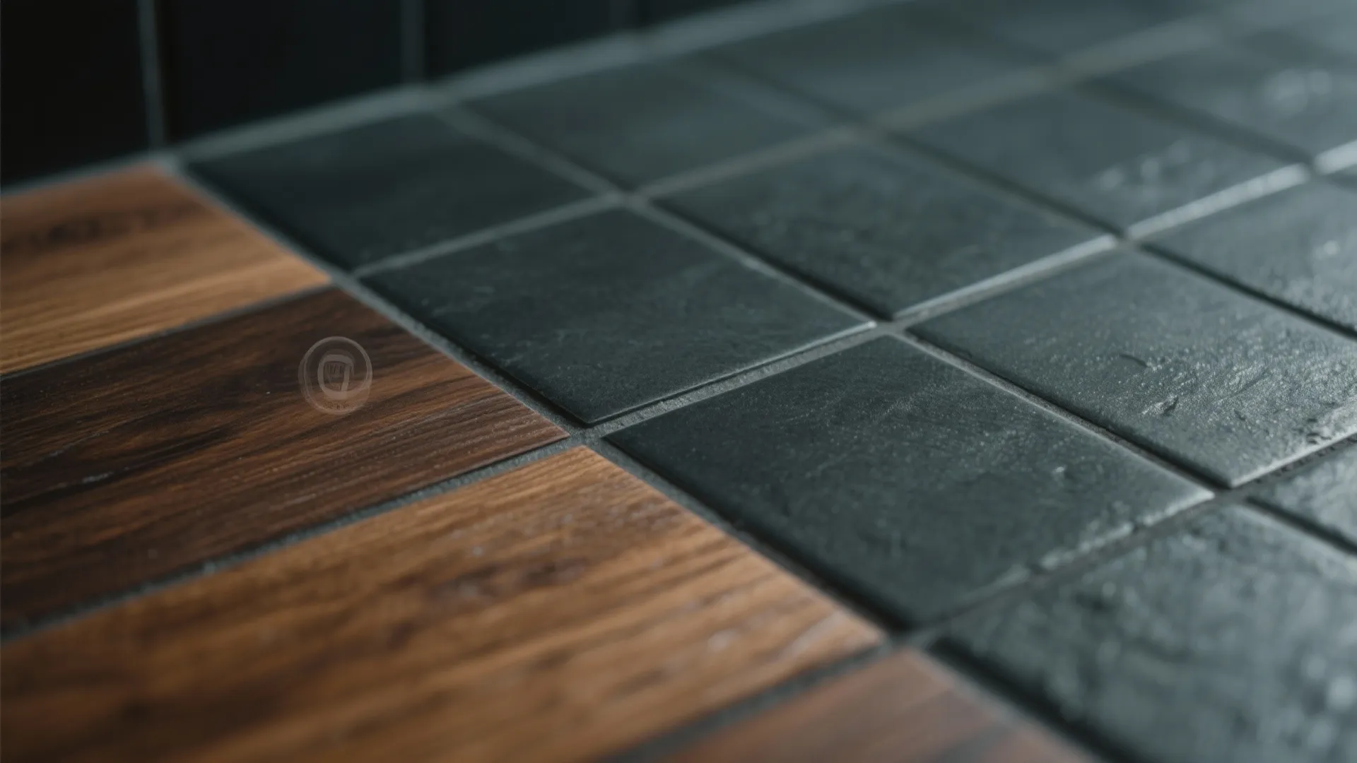 Close up of dark grey square floor tiles next to brown wood floor planks with texture