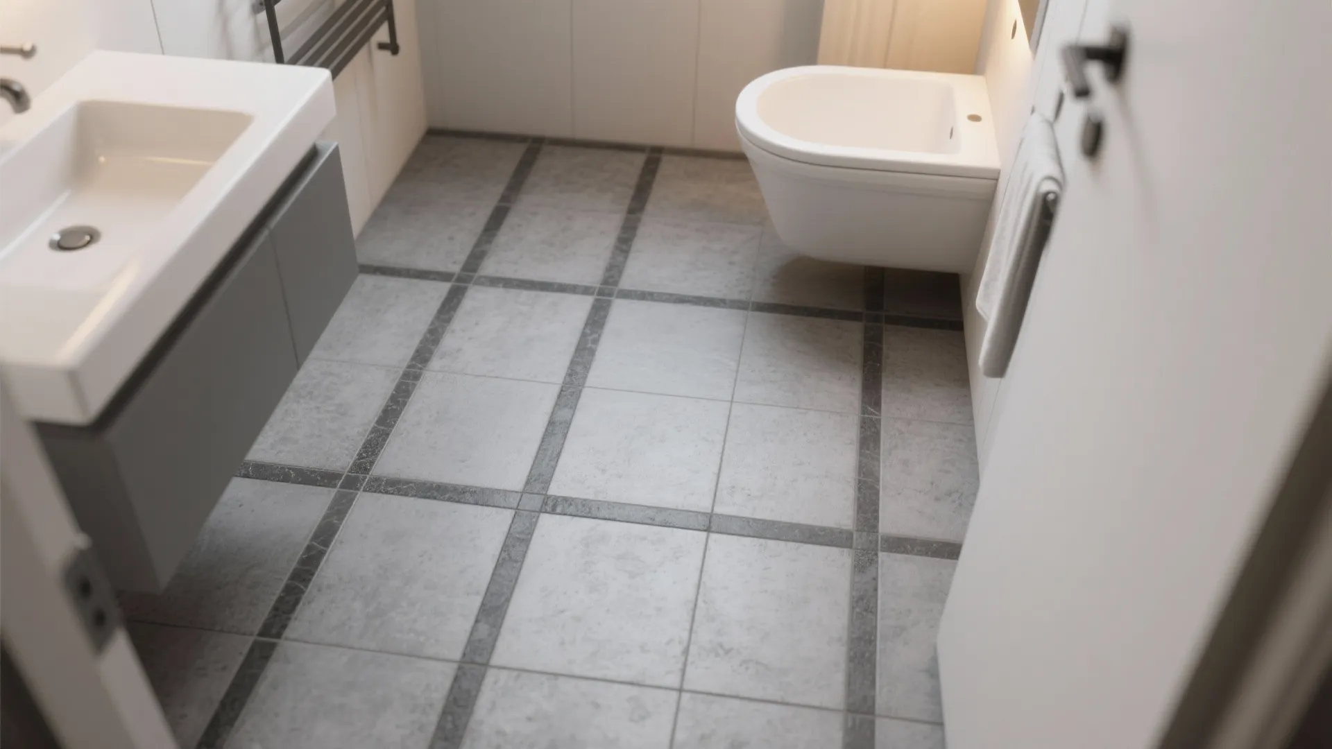 Modern bathroom floor with large grey tiles and dark grout lines next to white sink