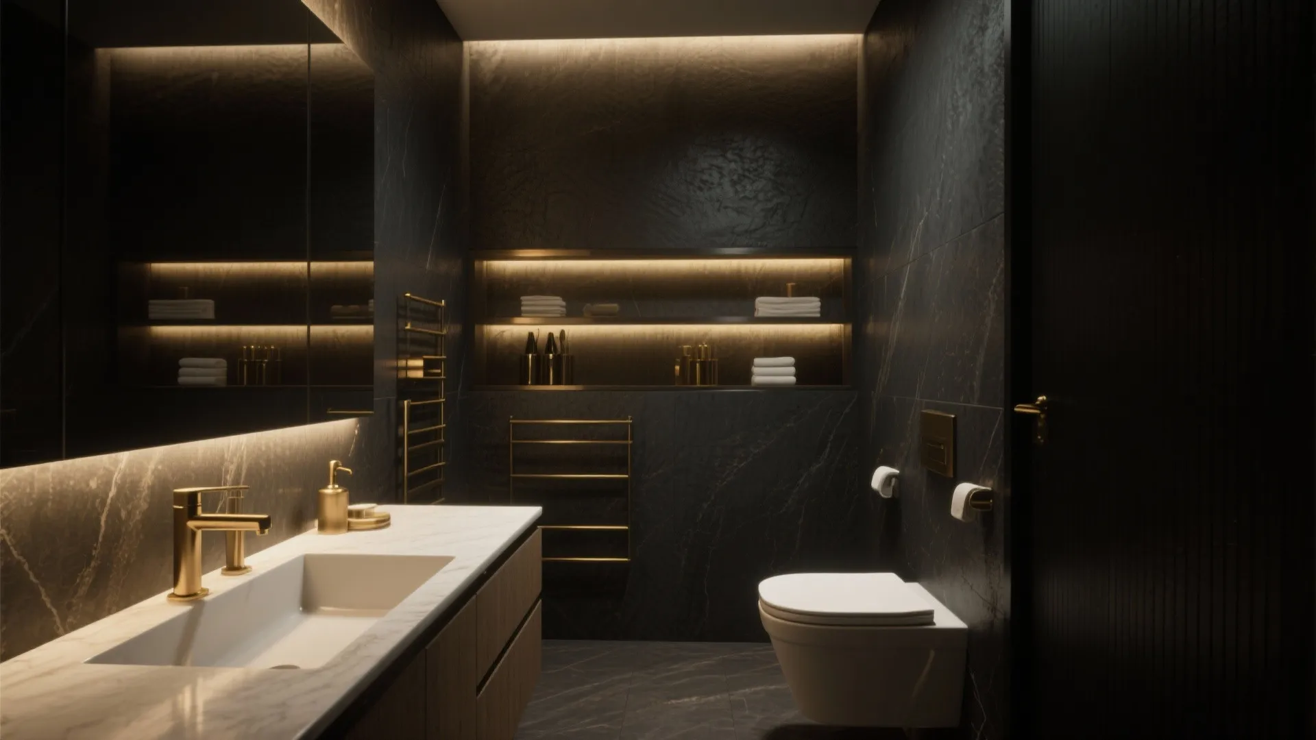 Luxury dark bathroom featuring marble walls gold light fixture white toilet and wooden vanity cabinet set