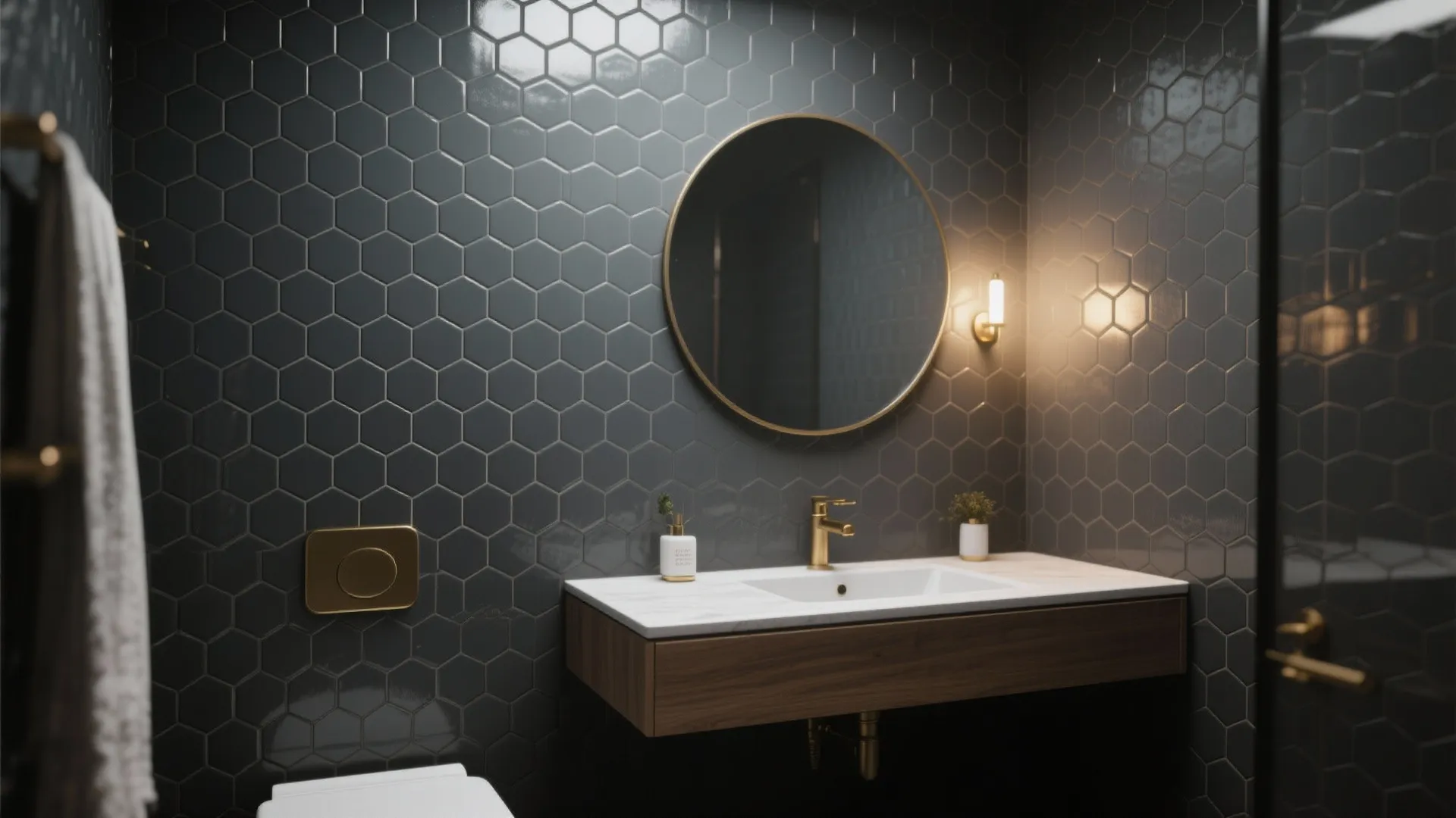 2. Statement Wall with Dark Grey Hex Tiles