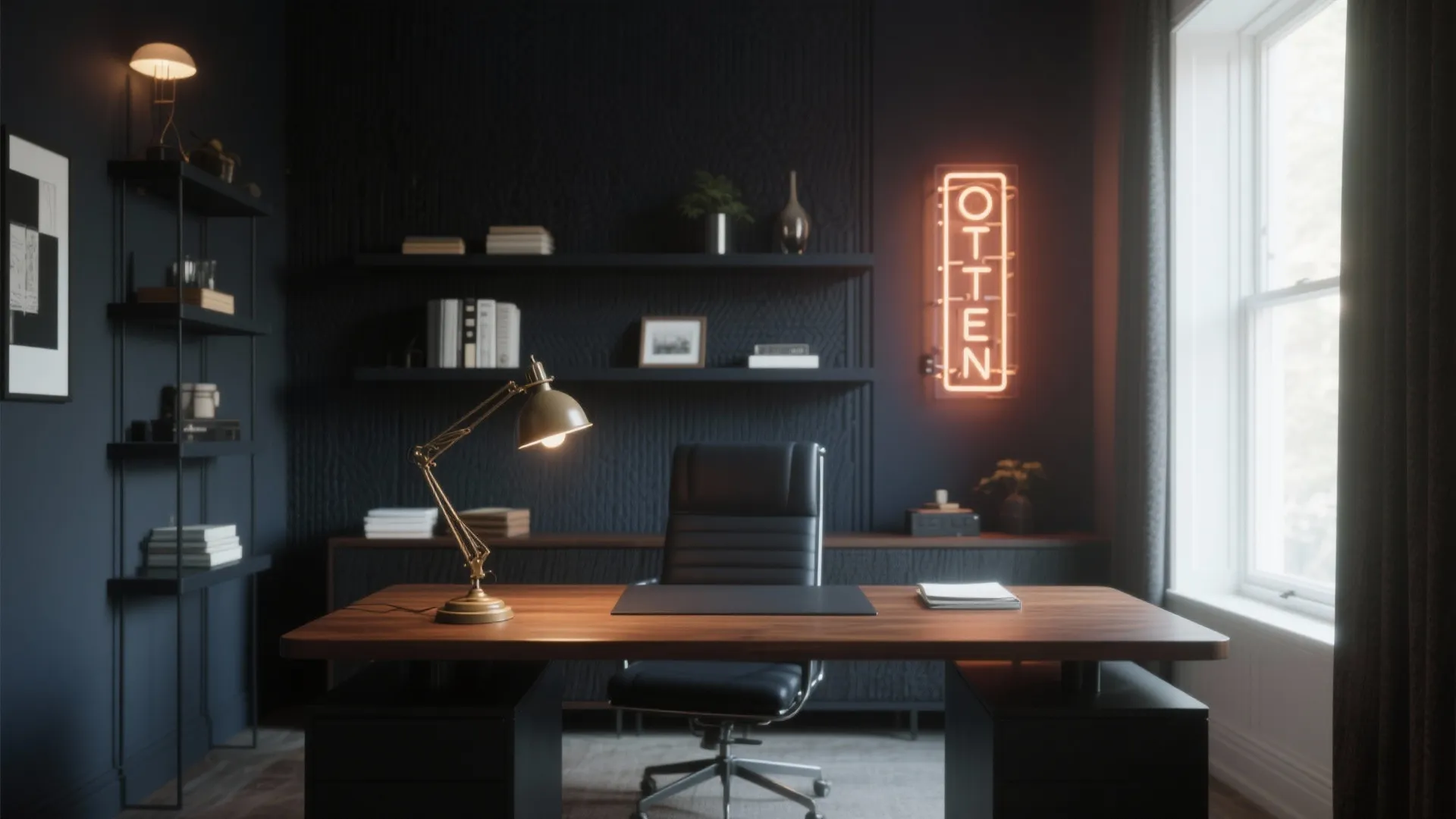 Professional dark home office featuring wooden desk black chair neon wall sign and shelf storage