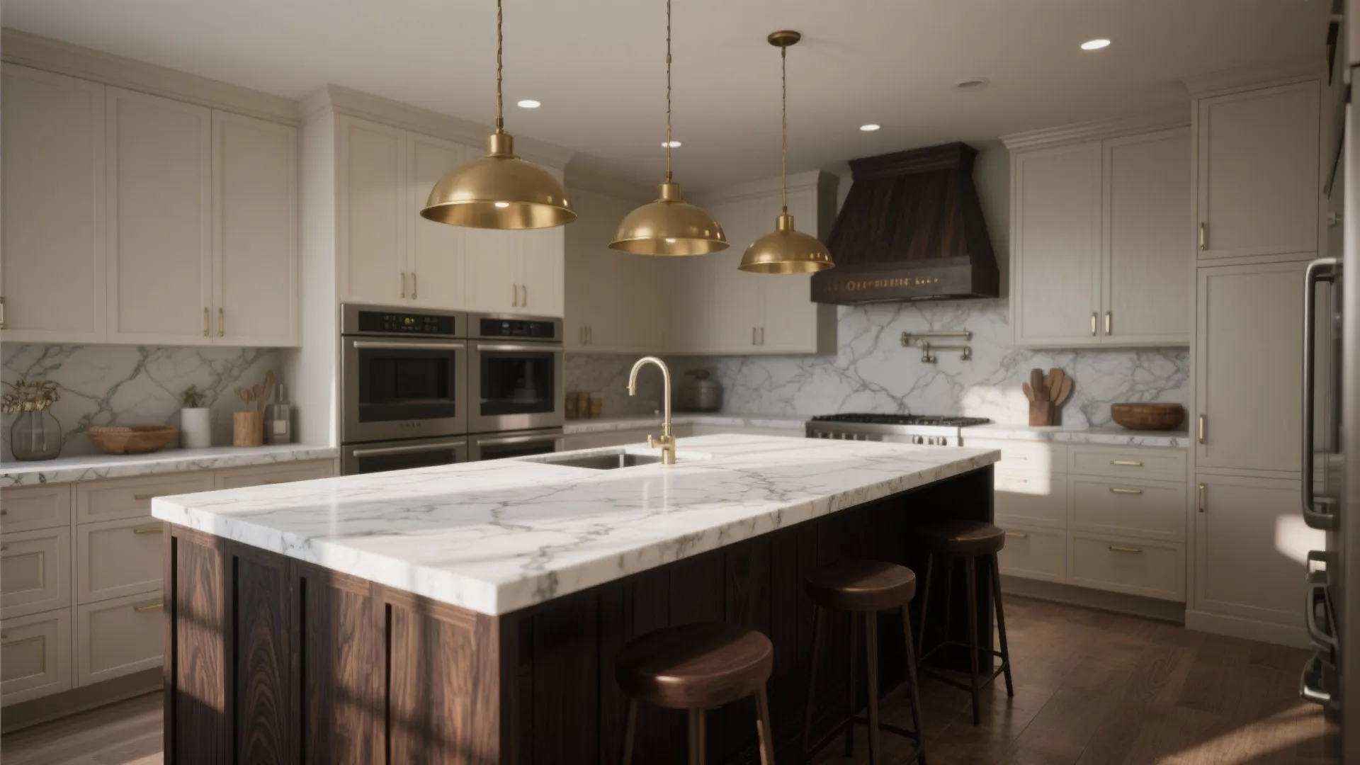 2. Contrasting island in dark wood and white granite top