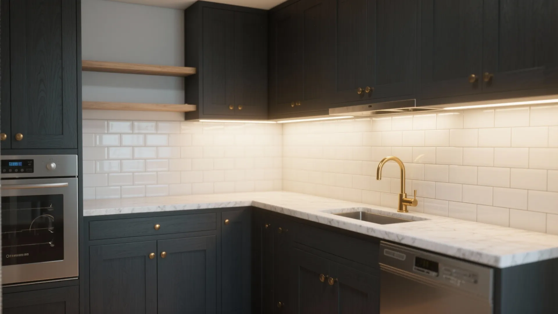 Dark Small Kitchens with Reflective Balance