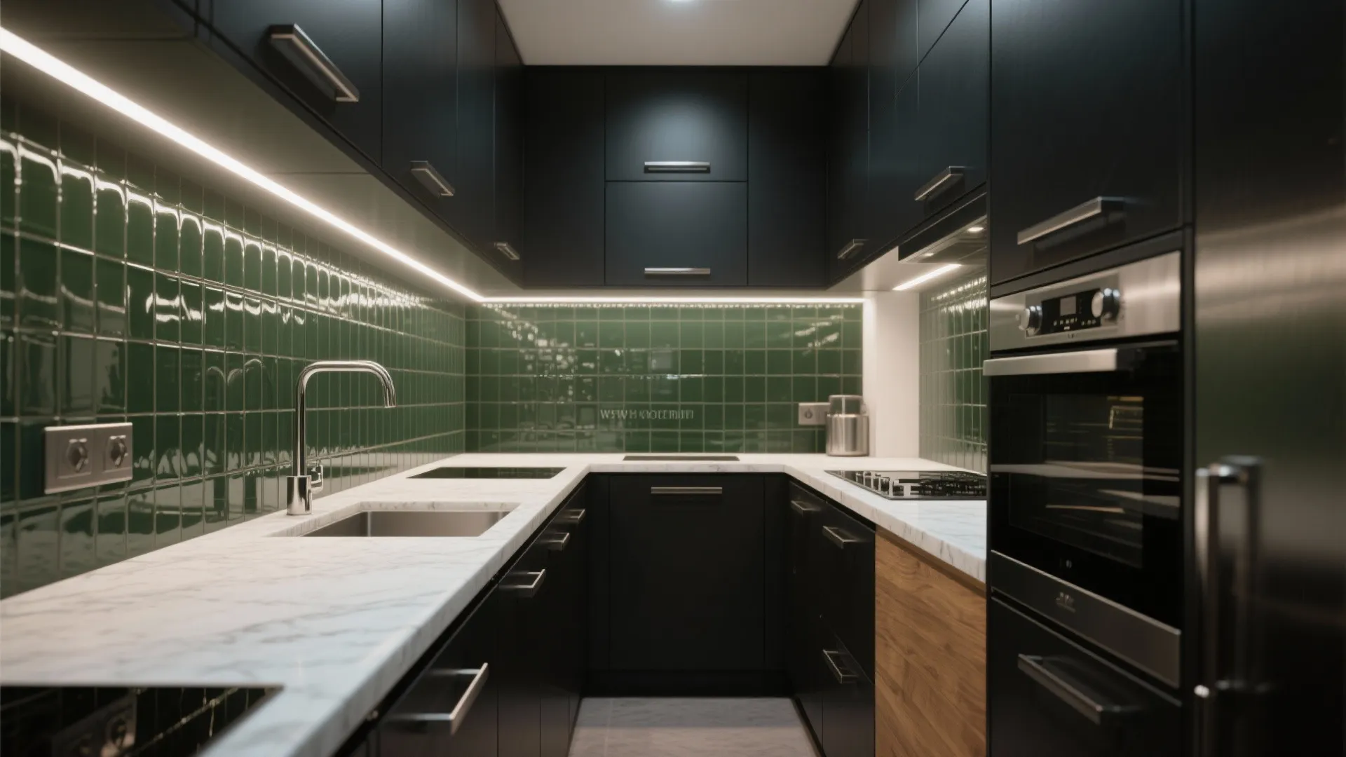 Dark Kitchen: Matte Cabinets, Light Counters, and Reflective Details