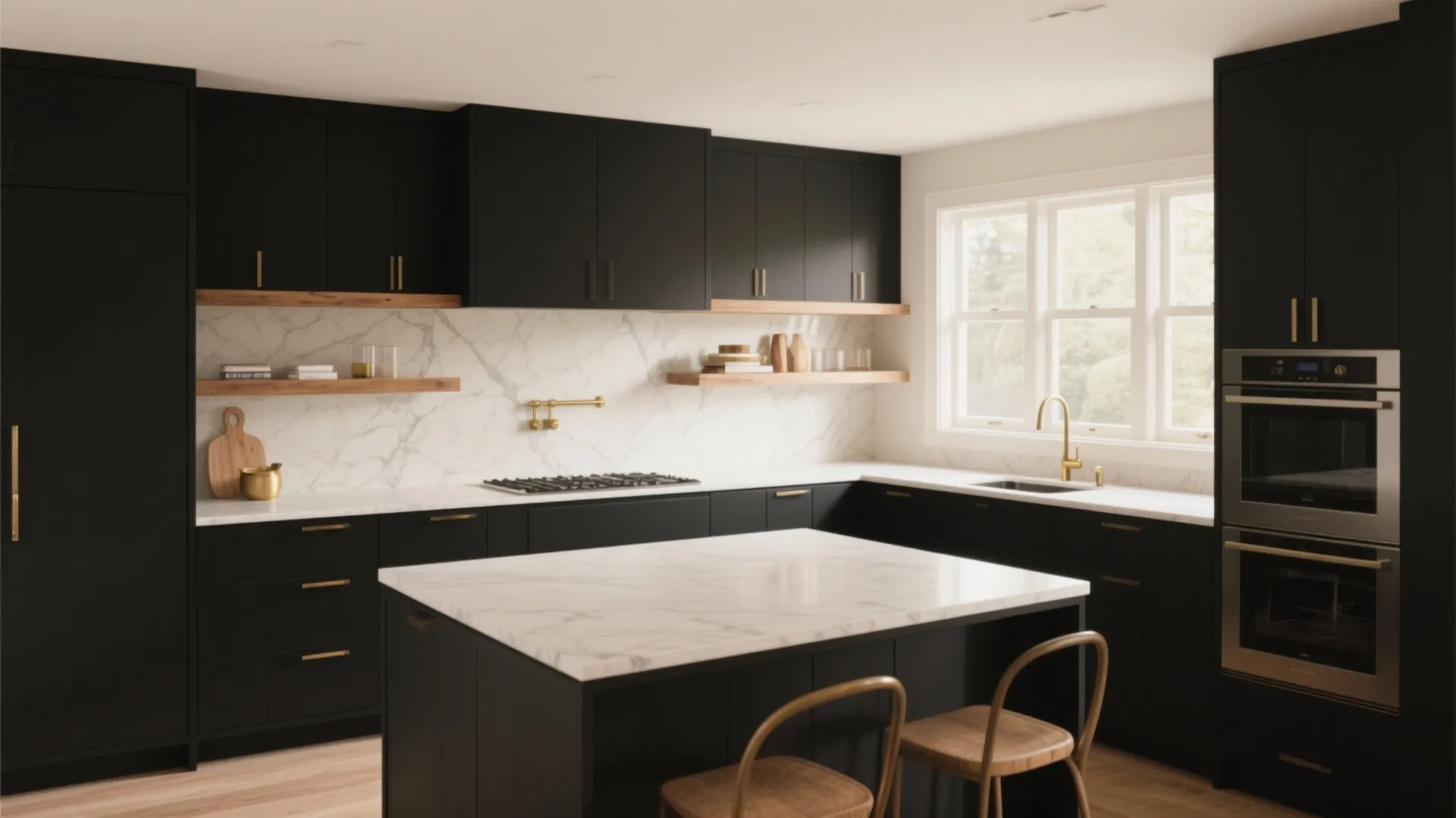 Modern black kitchen cabinets with marble countertop, wooden open shelves, and white marble wall tiles