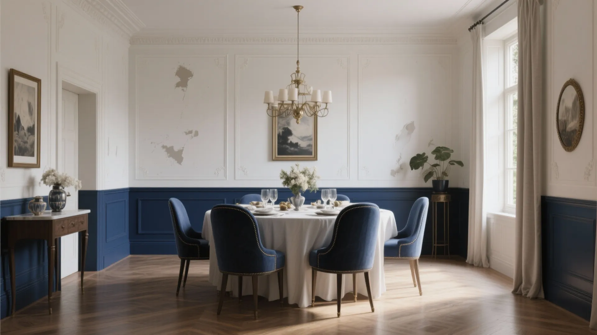 Classic dining room with blue chairs around a white table and a hanging ceiling light