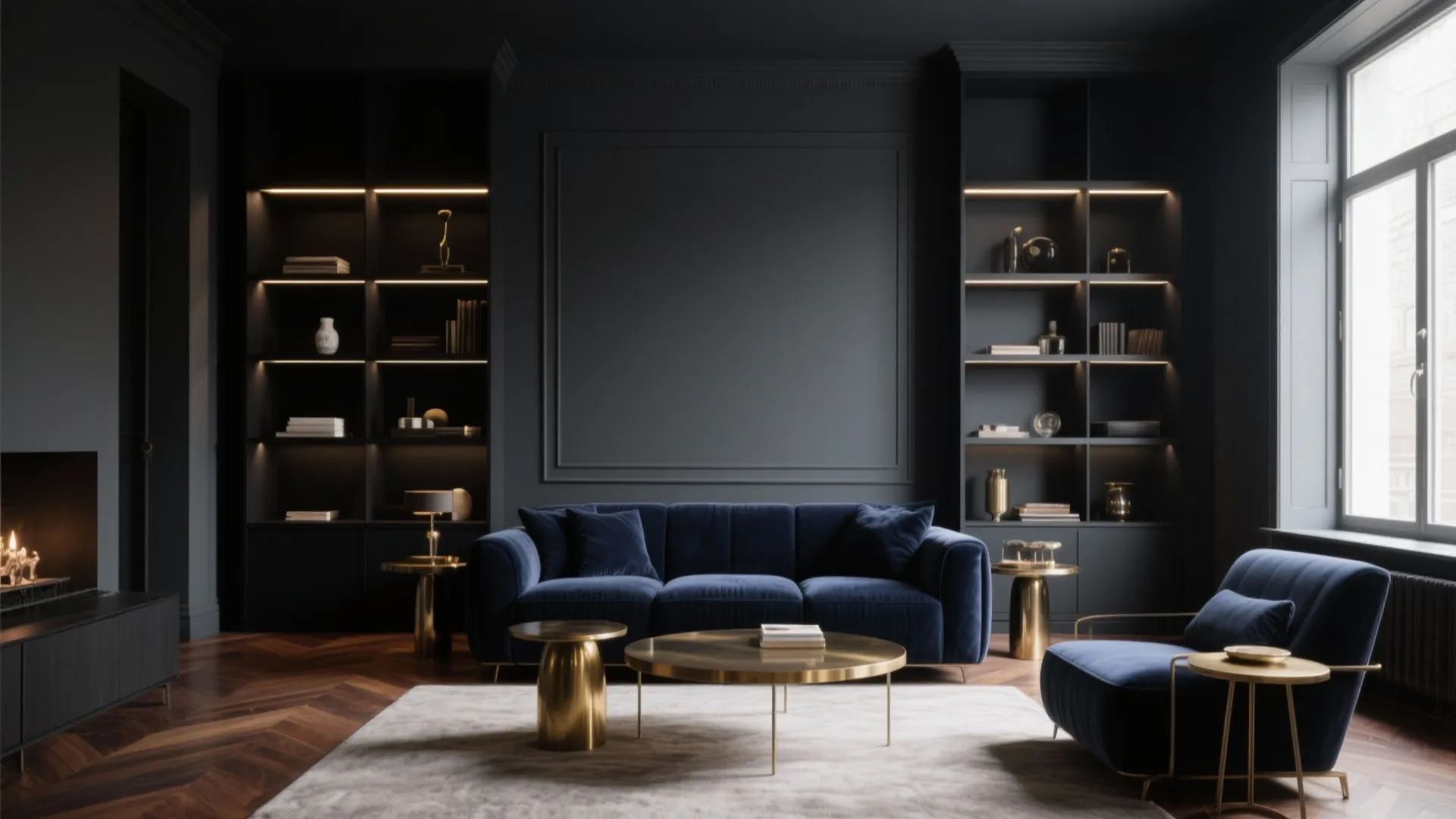 Luxury dark living room featuring blue velvet sofa golden coffee tables and built-in lighted bookshelves