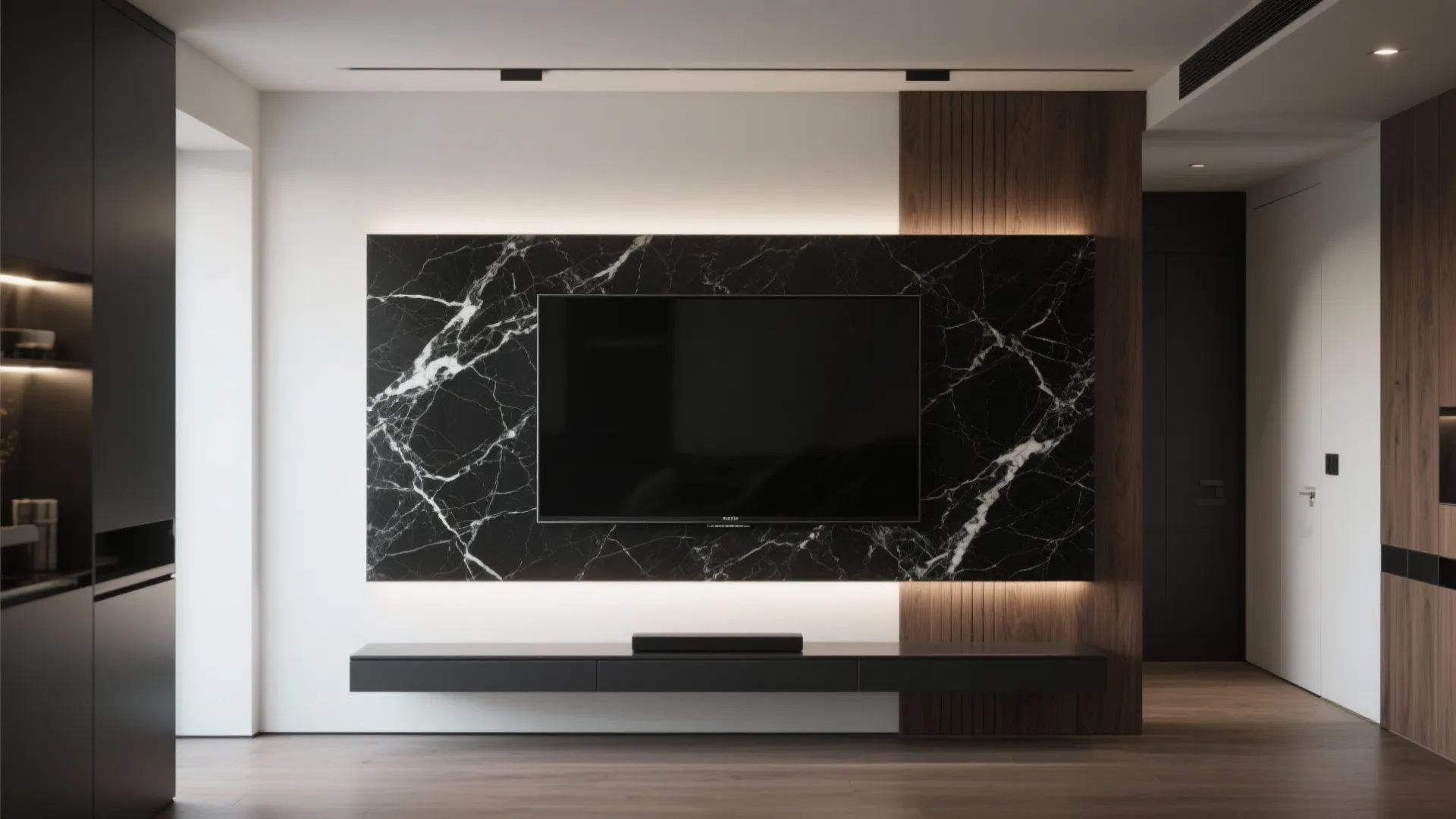 Bold Contrast: Dark Marble or Marble‑Look Porcelain + Floating Console
