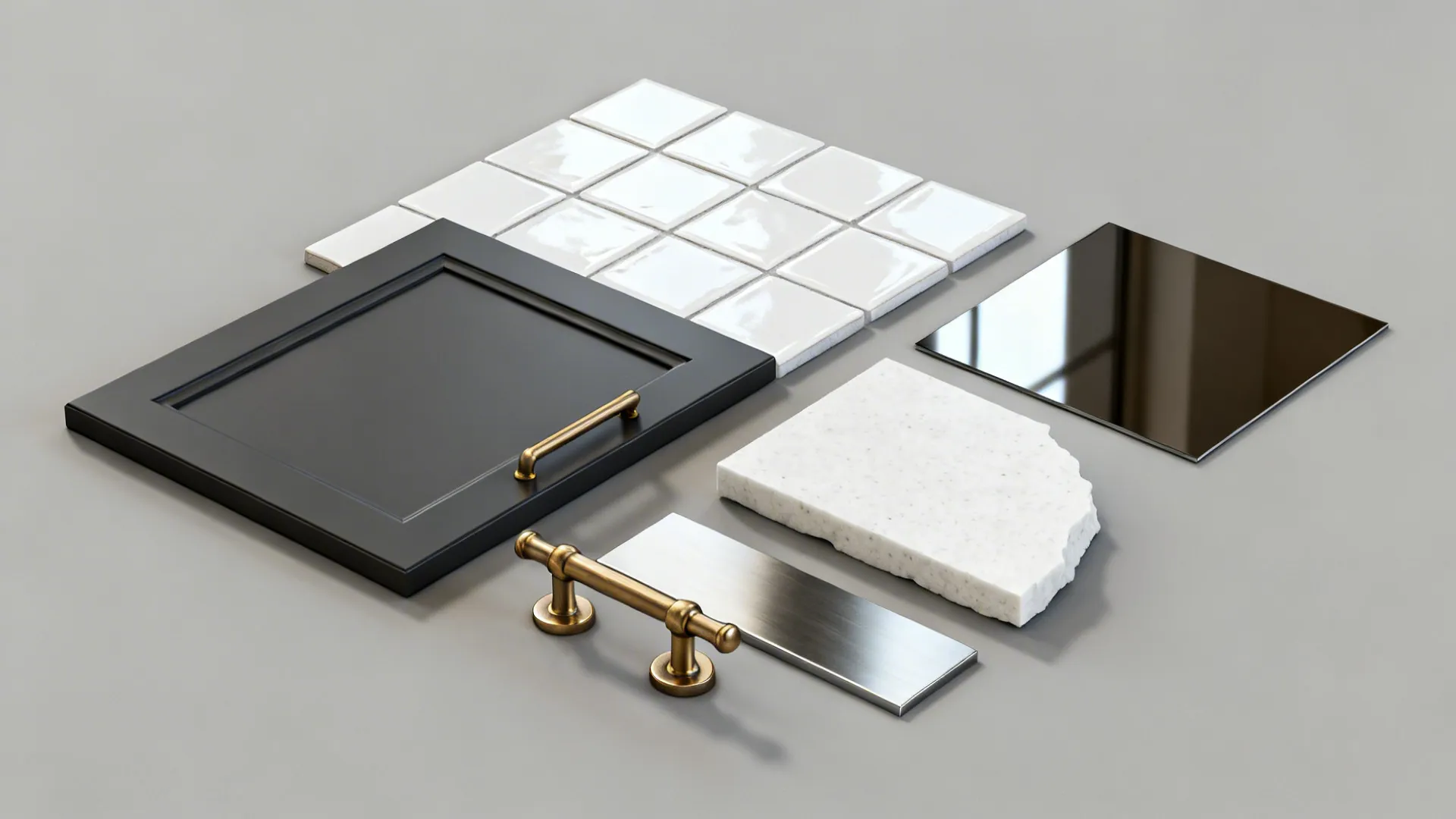 Material flatlay with matte charcoal cabinet, glossy tile, smoked mirror, satin quartz, brass, and stainless.