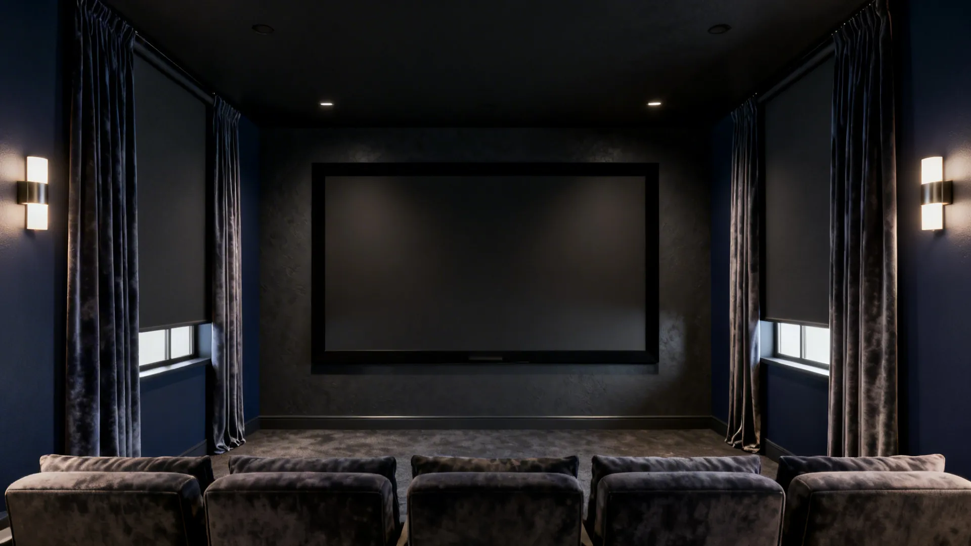 Dark matte 12x10 theater with charcoal screen wall, navy sides, velvet drapes, and blackout shades.
