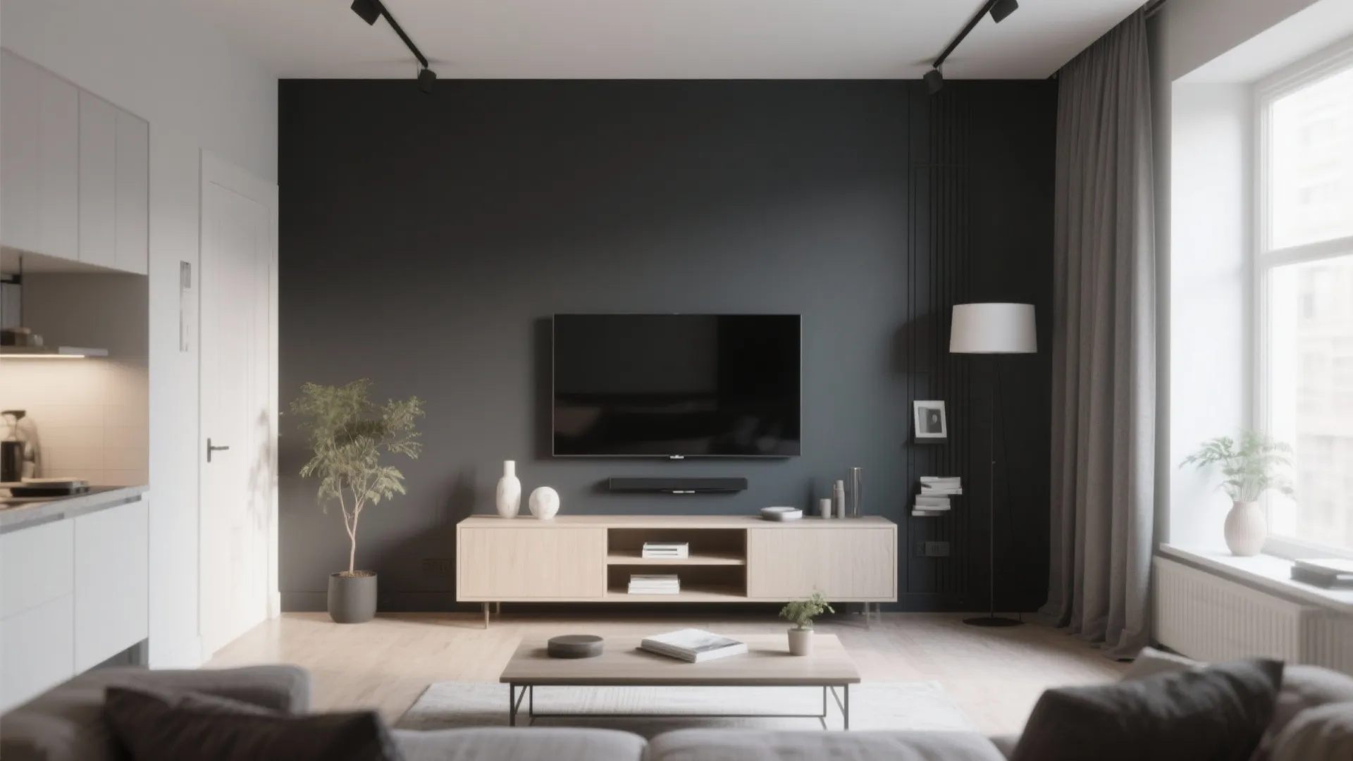 Living room with dark grey wall, wooden cabinet, coffee table, floor lamp, and white curtains