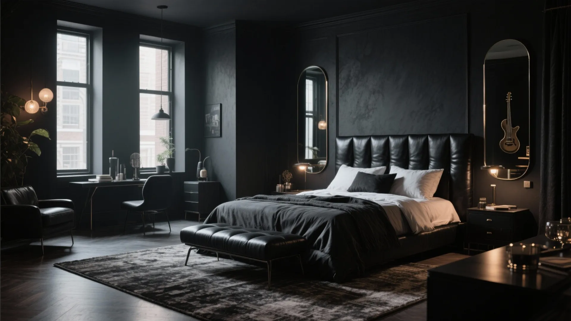 Modern dark bedroom with black leather bed white pillows grey rug and stylish desk area