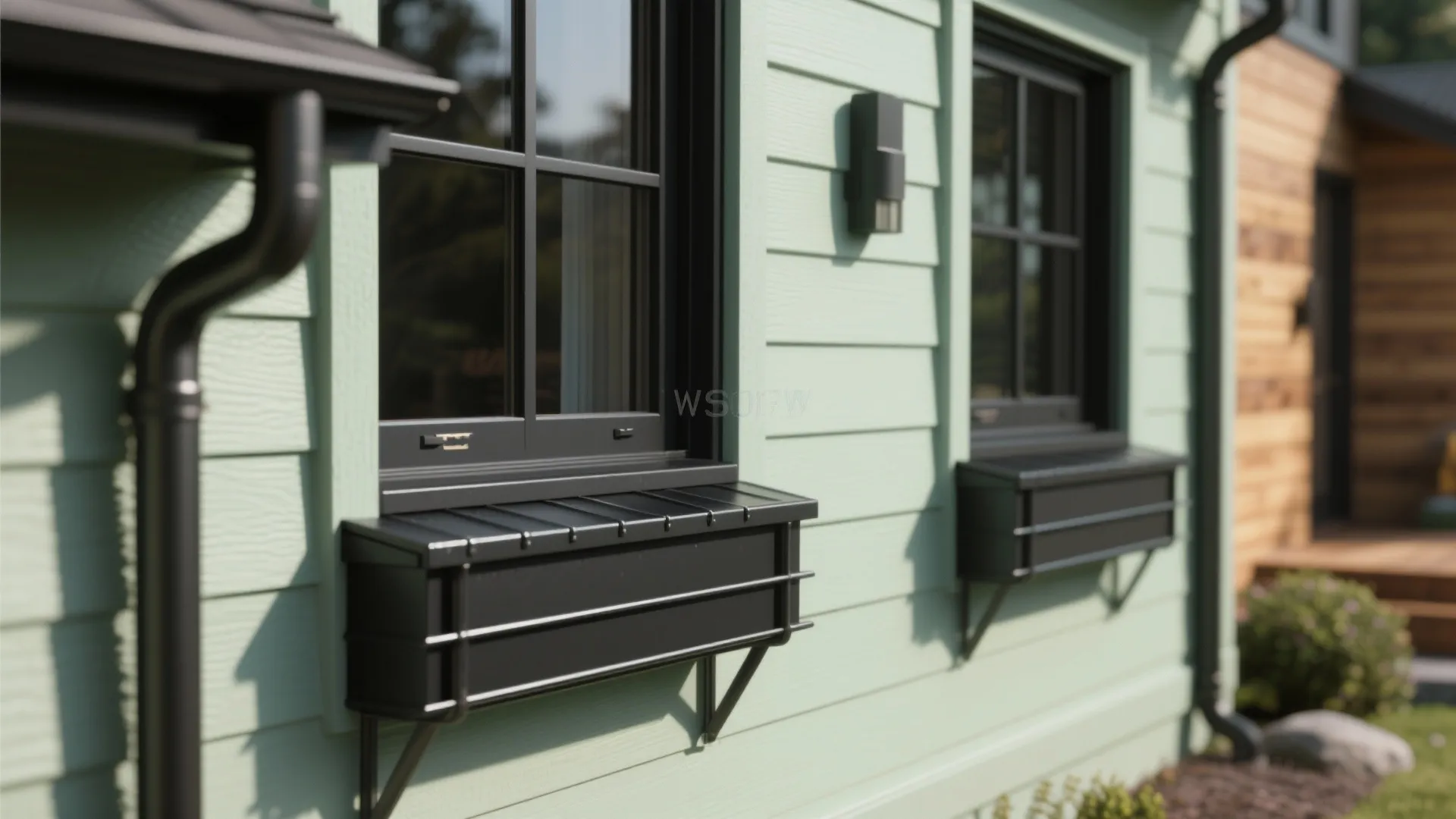 Close up of black windows with dark metal flower boxes on a green siding wall