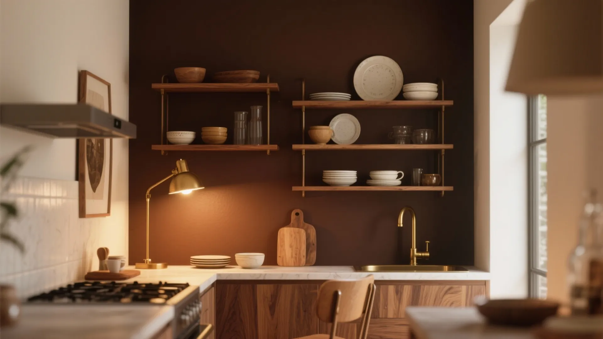 Warm kitchen interior with dark brown wall wooden cabinets open shelving gold faucet and light