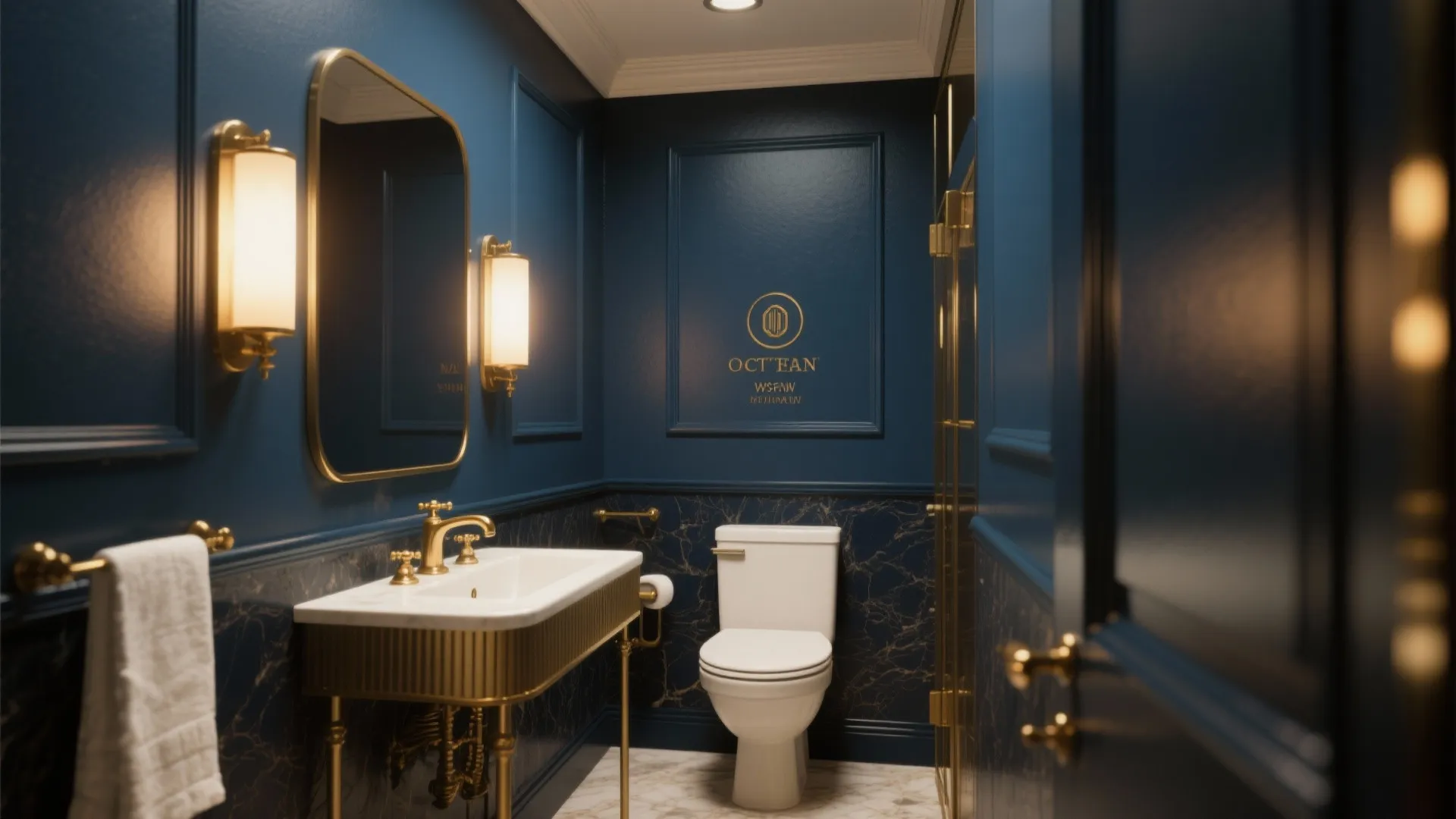 Luxury bathroom with dark blue wall panels gold wall lights white sink and gold water tap