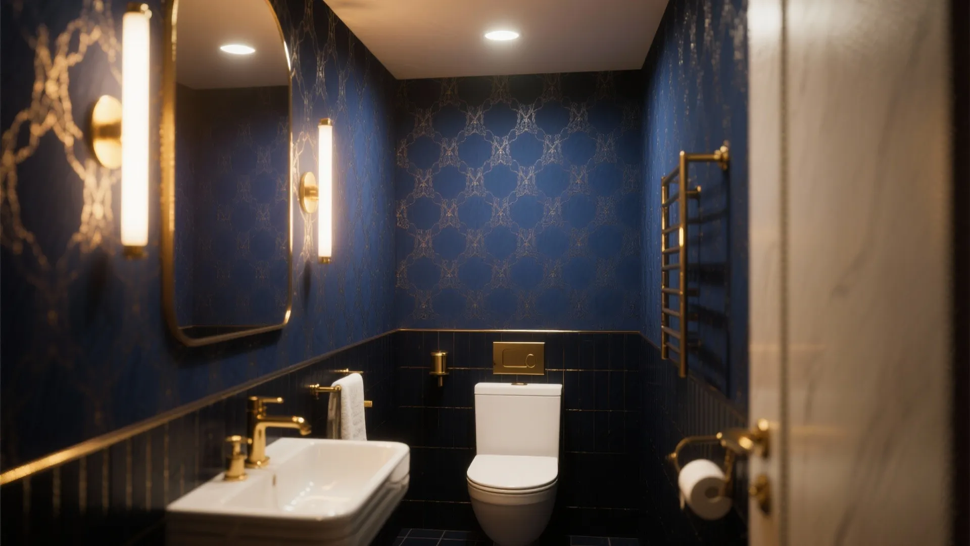 Dark blue bathroom with gold pattern wallpaper white toilet sink and glowing gold wall lights