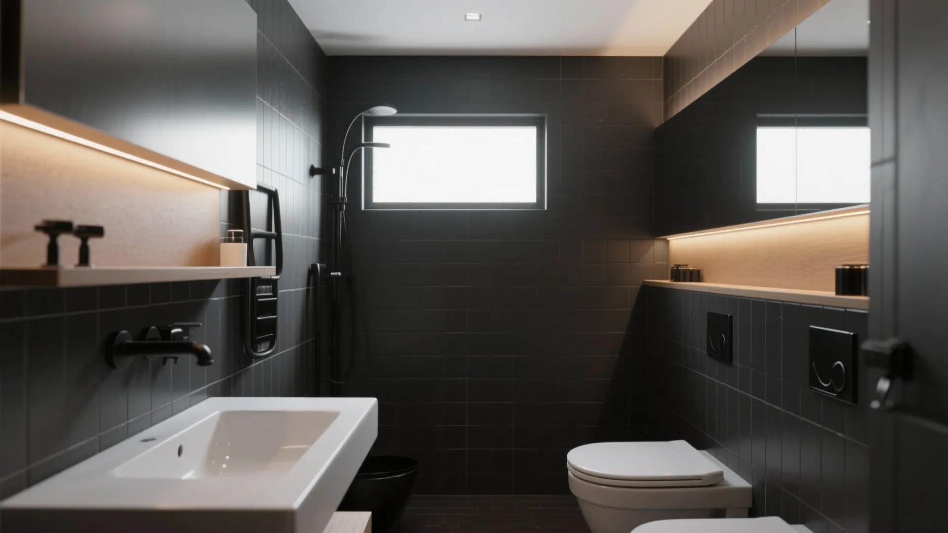 Small black tiled bathroom with white sink white toilet mirror lighting and a small high window