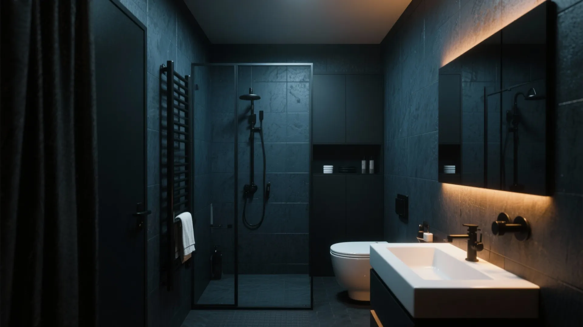 Modern dark bathroom with black tiles white sink backlit mirror glass shower and toilet design
