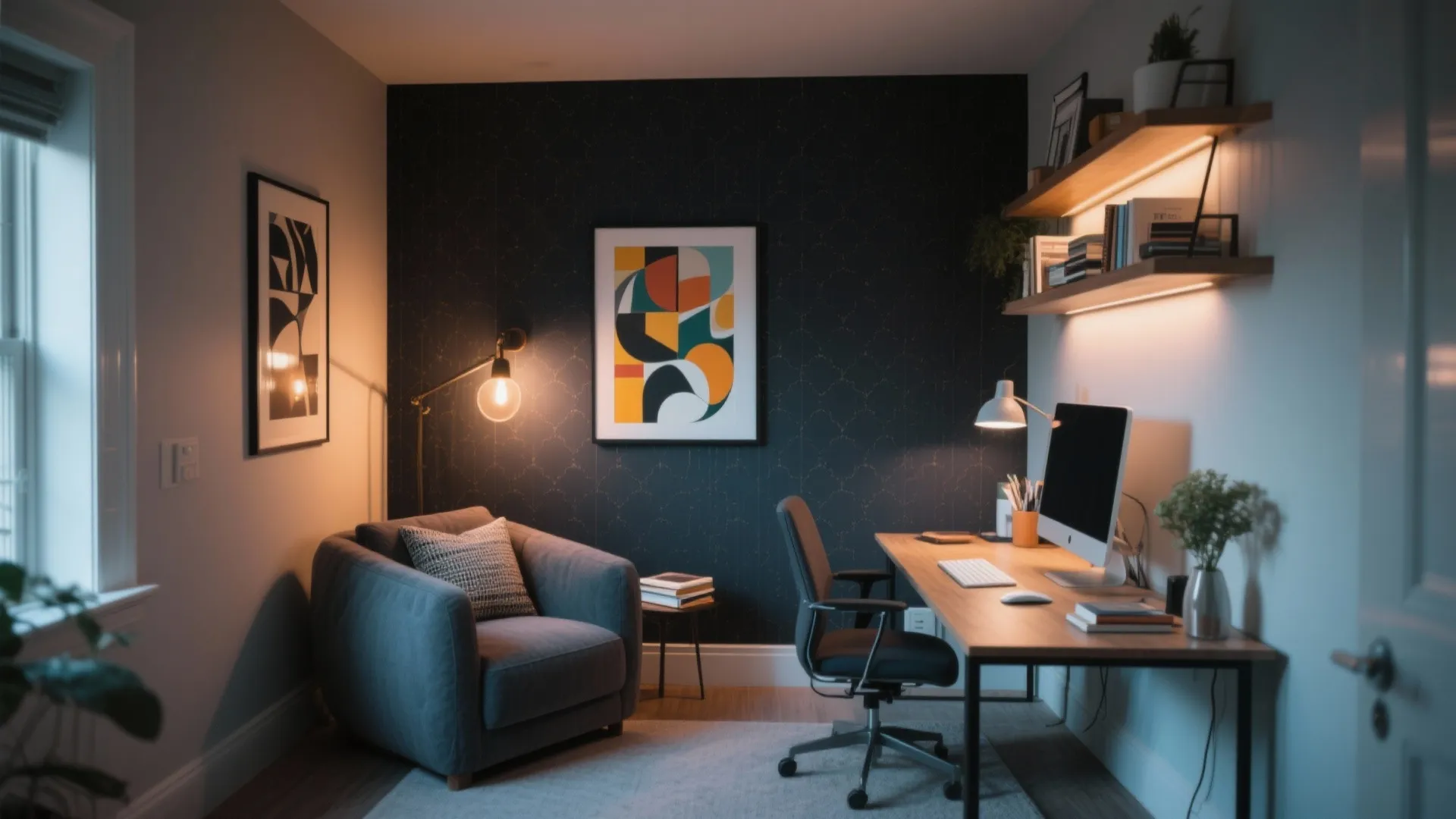 Small office with charcoal wallpaper and bright art