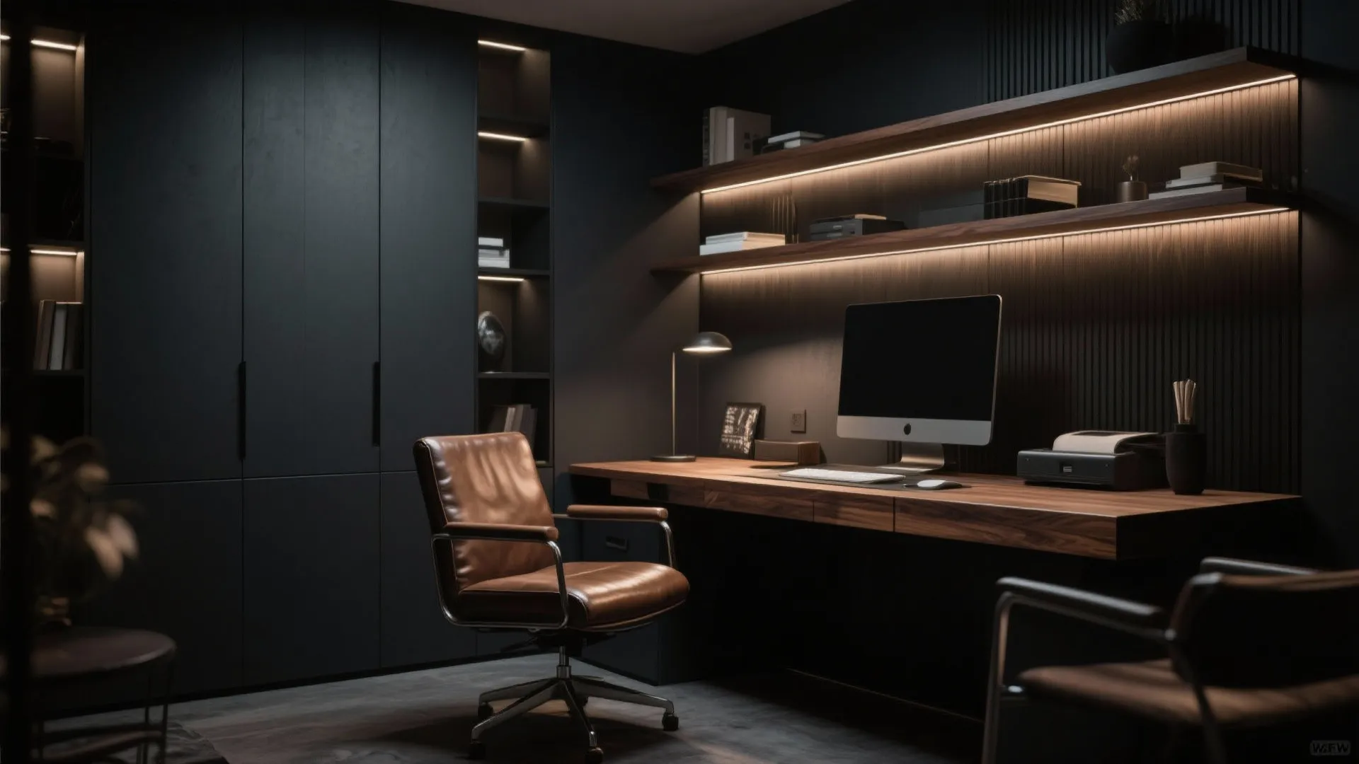 Dark home office workspace with wooden desk leather chair computer screen and lighted wall shelves