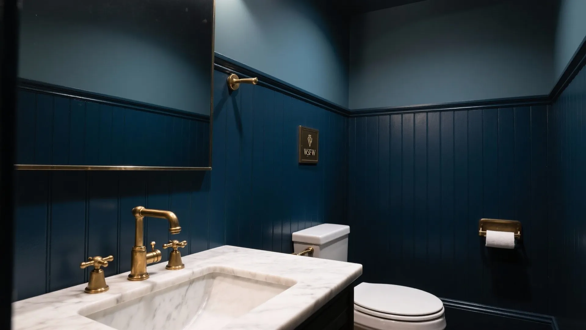 Moody dark blue bathroom with vertical wall panels, marble sink, brass faucet, mirror, and toilet