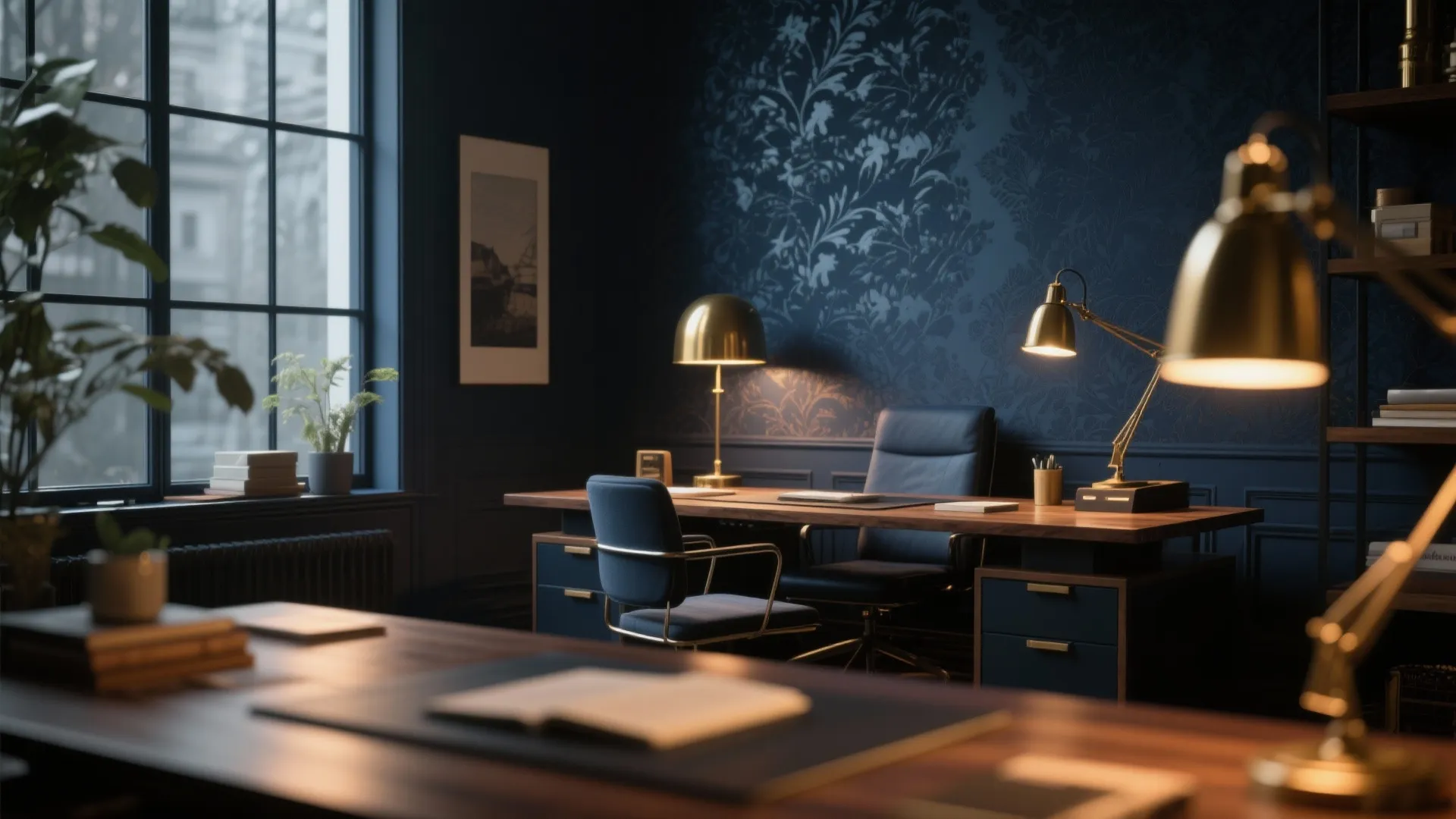 Cozy home office with deep navy wallpaper and brass lighting