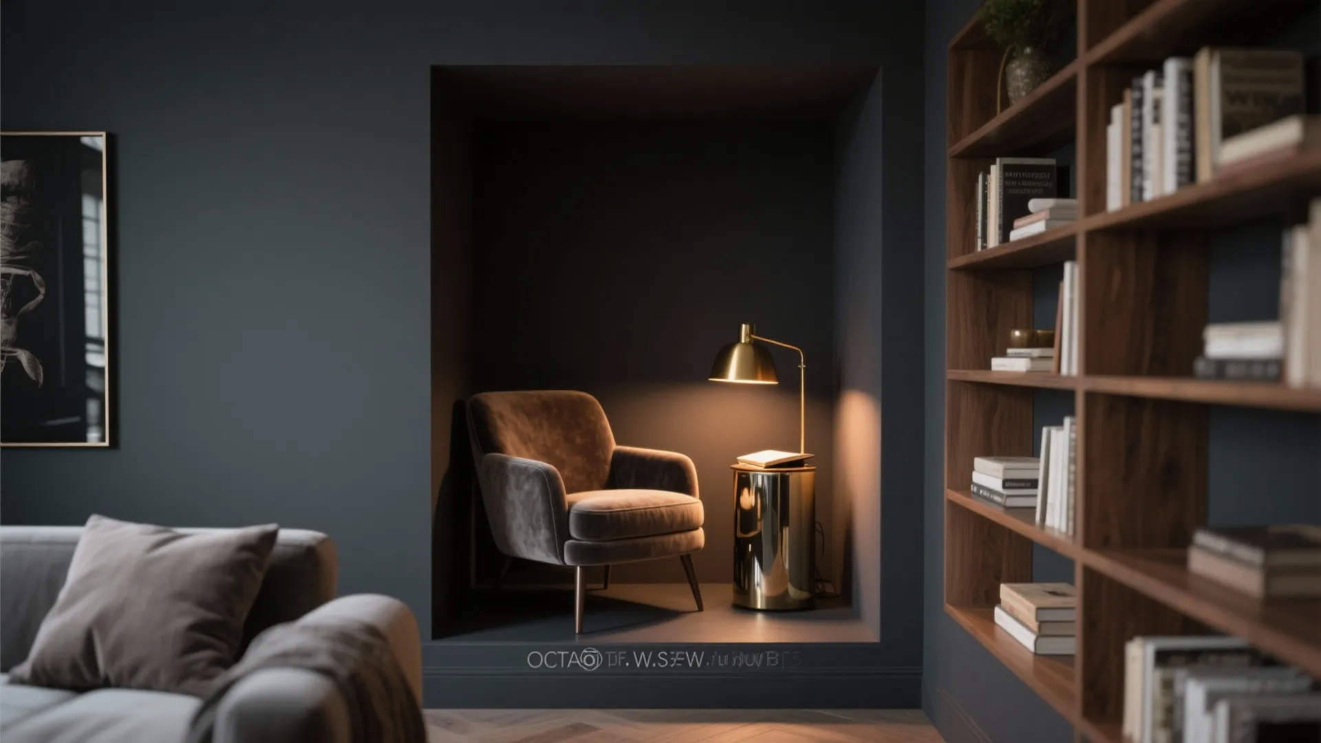 Dark gray reading nook featuring a brown armchair gold table lamp and tall wooden wall bookshelves
