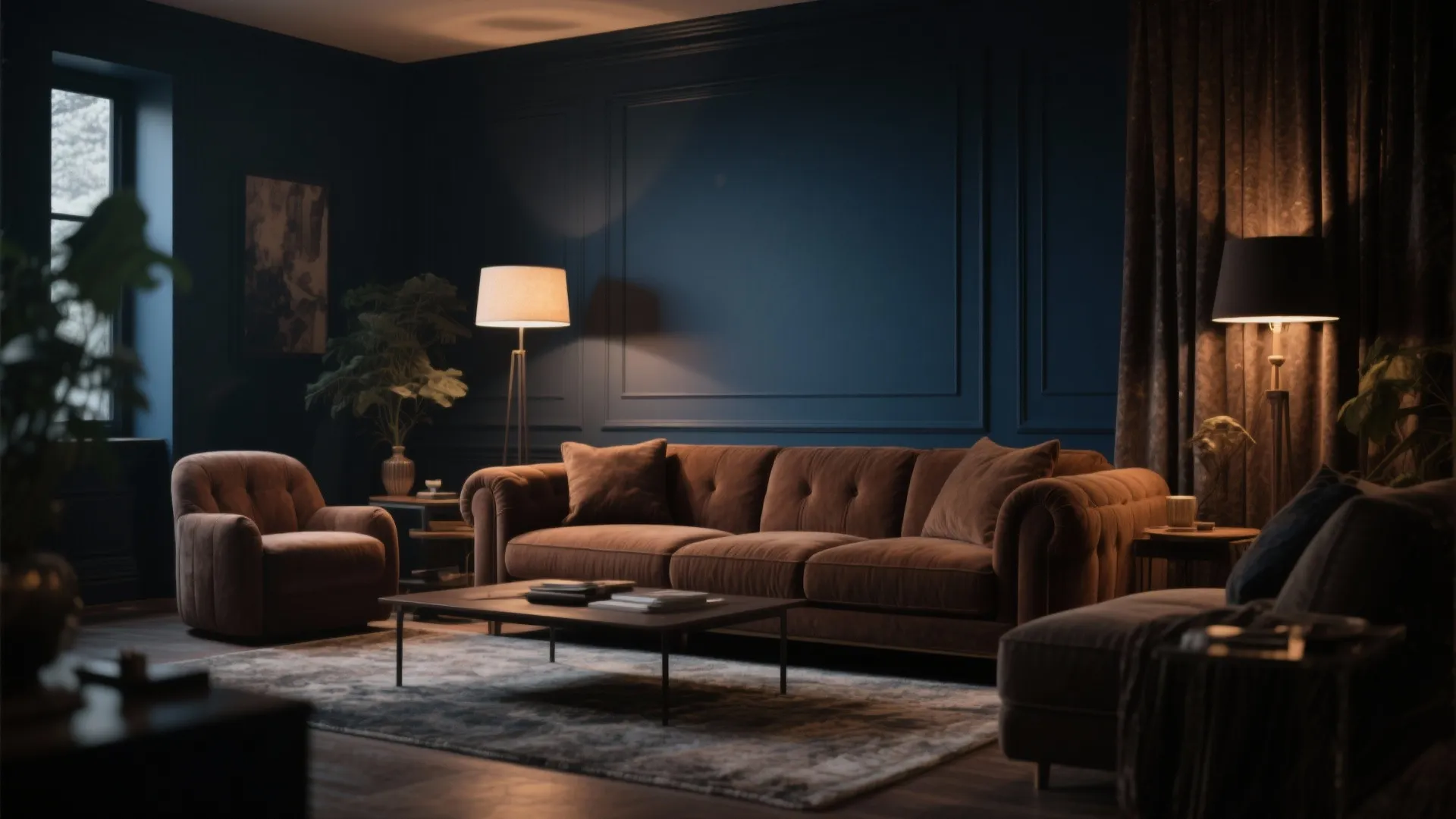 Brown sofa against navy walls in moody lighting