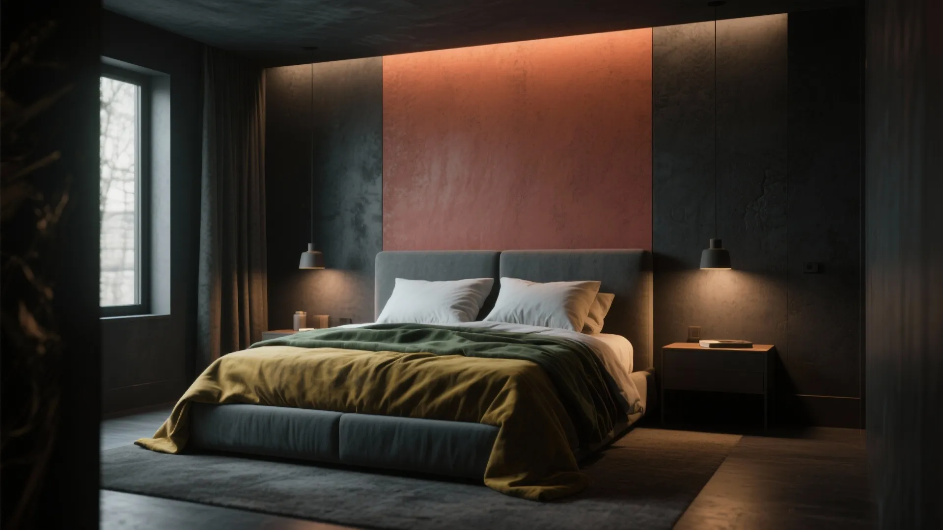 Dark modern bedroom with grey bed red accent wall two ceiling lights and a window