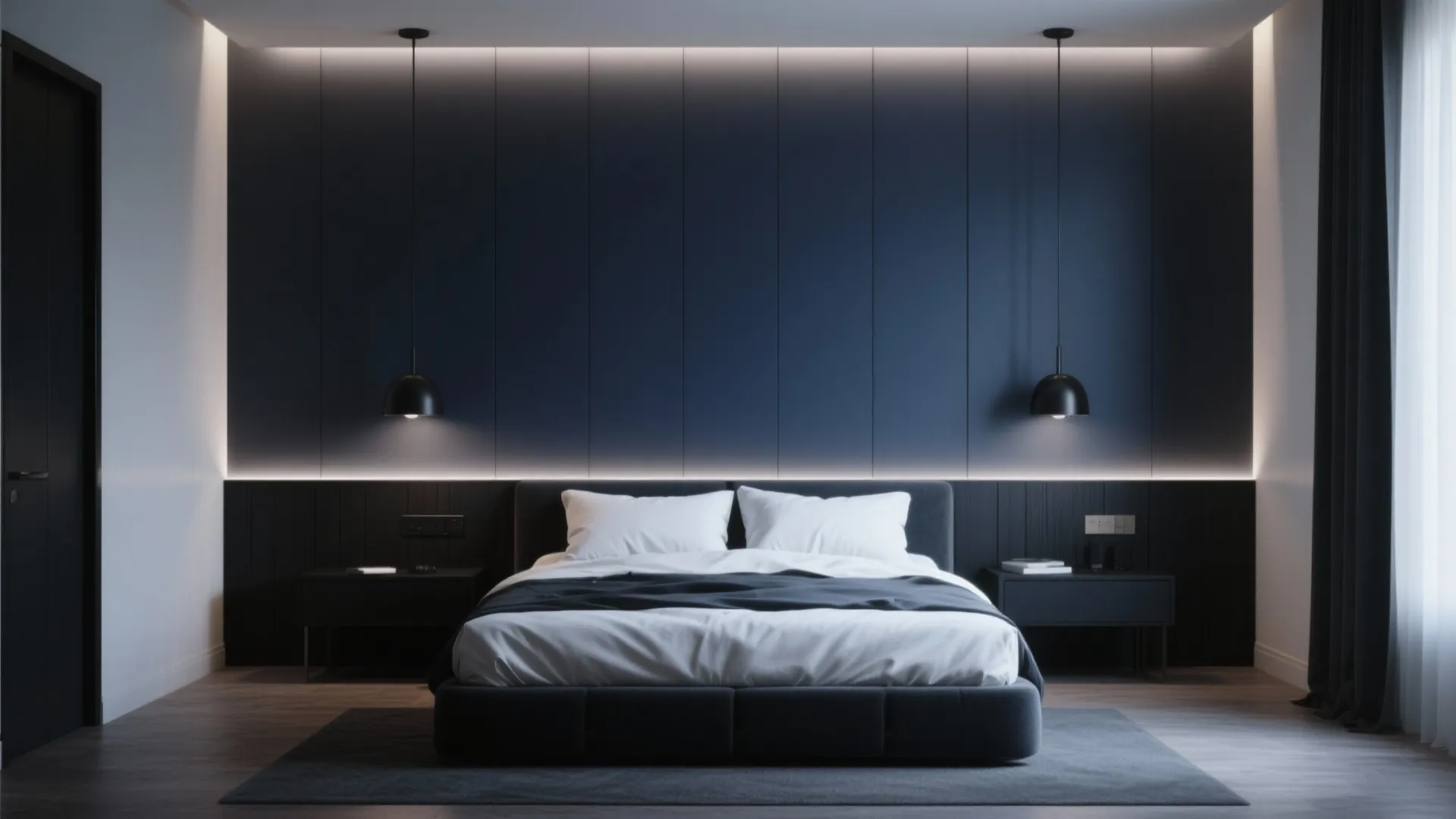 Modern dark bedroom with blue wall panels black ceiling lights grey bed and wooden floor