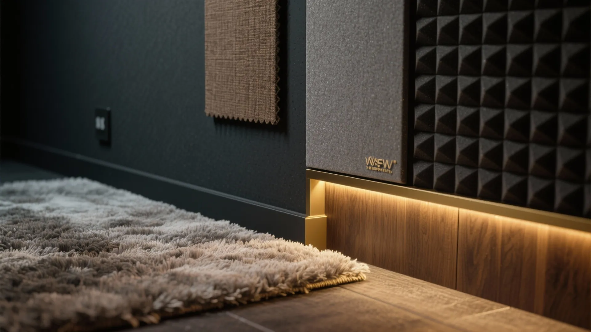 Grey fluffy rug on dark wood floor with warm light strip under a dark cabinet