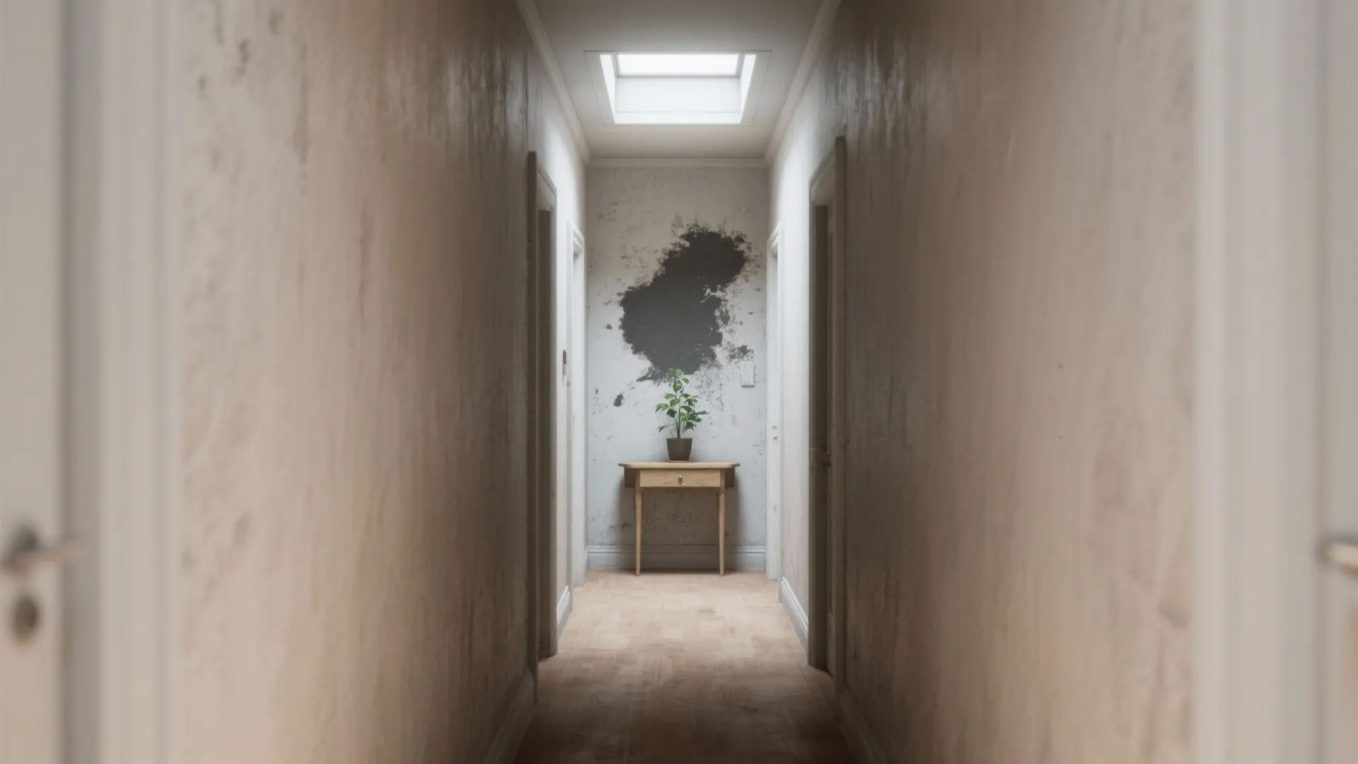 Long narrow hallway leading to a wall with large dark damp patches above a wooden table