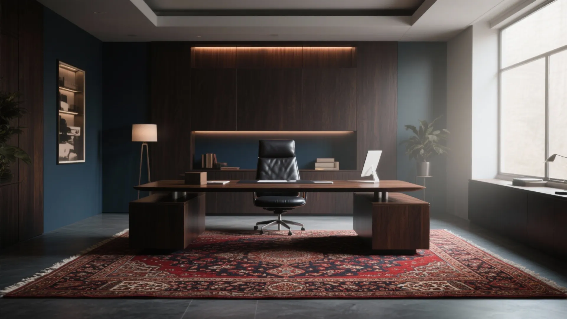Modern masculine office with a dark Persian rug in reds and blues