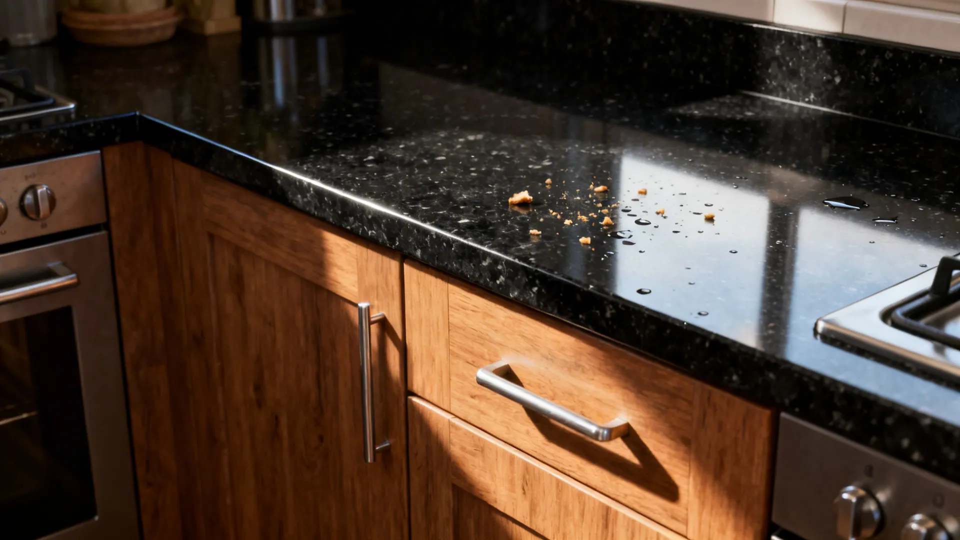 Galley kitchen with near-black quartz countertop and oak cabinets under soft daylight