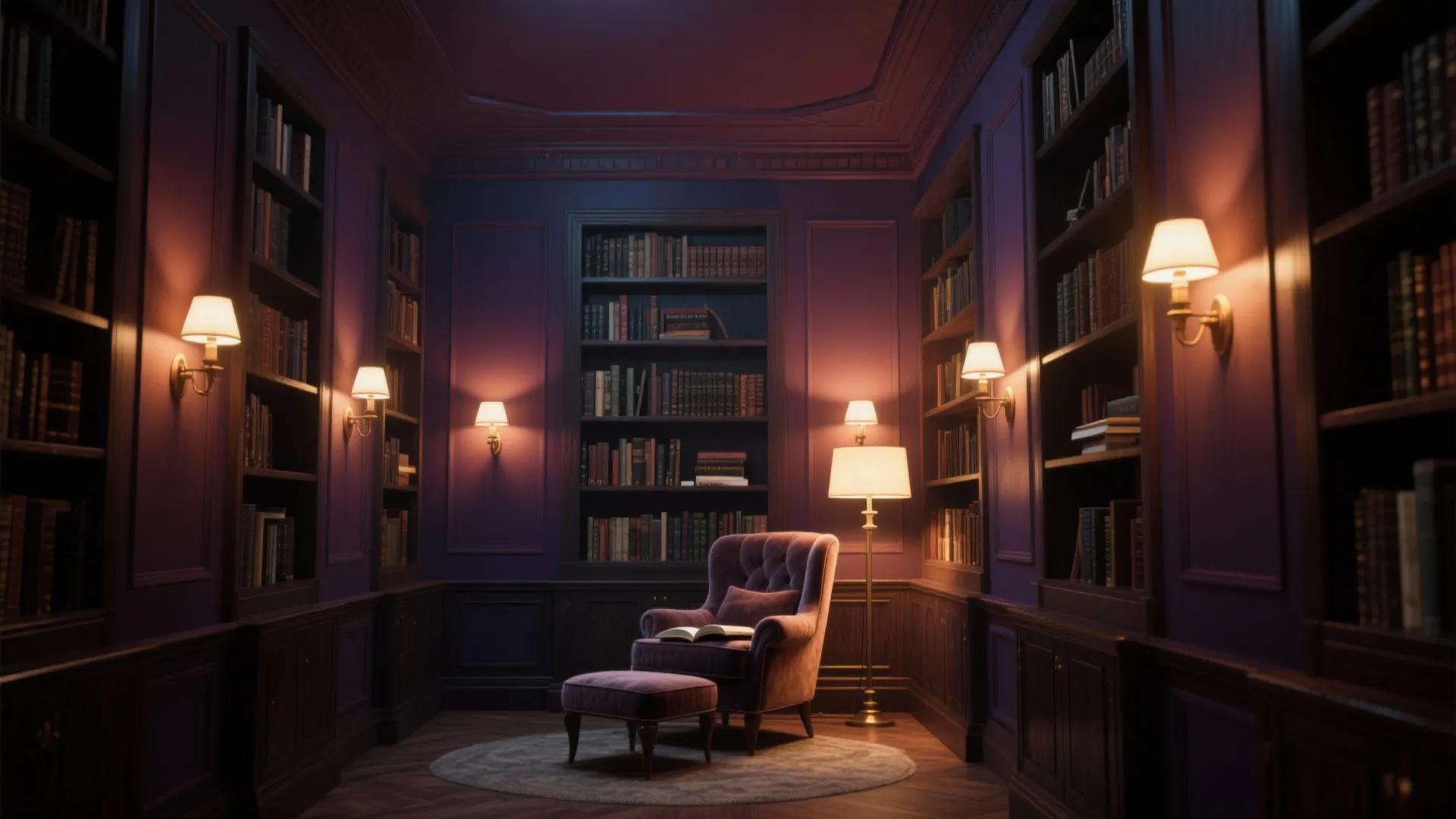 High-ceiling library corner painted deep tone on walls and ceiling, creating a cozy reading nook with layered lighting.