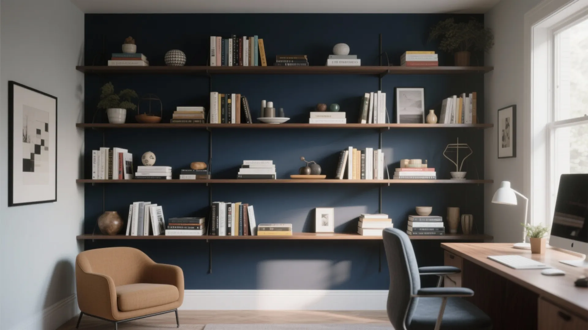 3. Built-In Shelving With Dark Backdrop