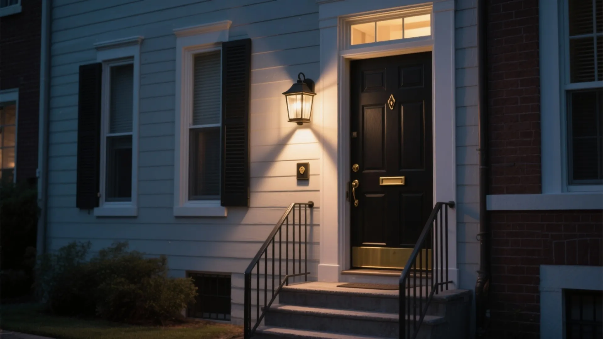 Black front door with warm wall light on white siding beside concrete stairs with metal railing