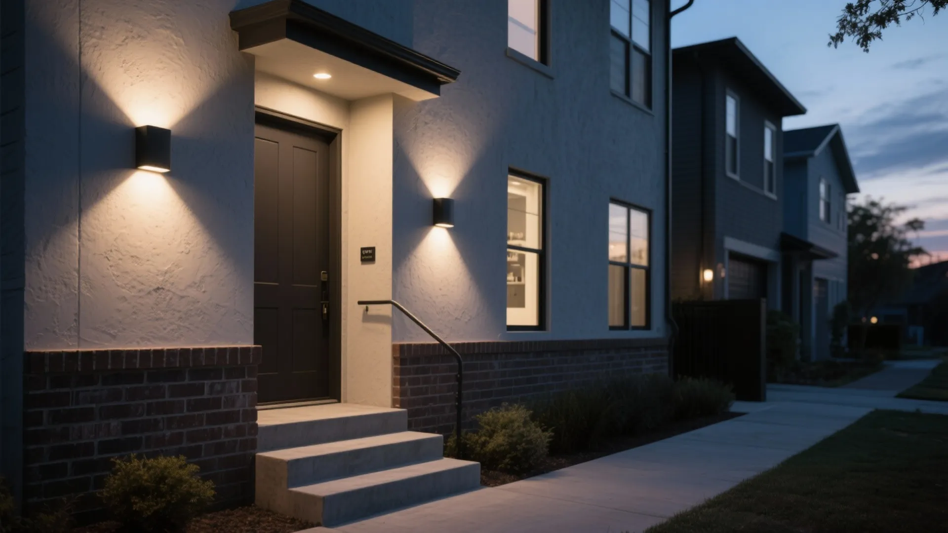 Townhouse facade with shielded dark-sky sconces casting warm downward light on a narrow entry path.