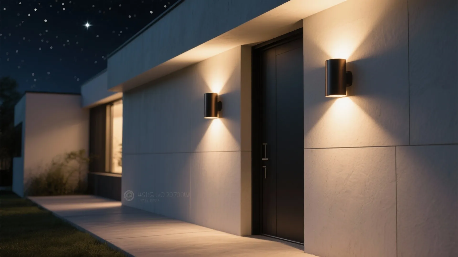 Shielded up down wall sconces cast controlled warm beams without skyglow on a modern façade.
