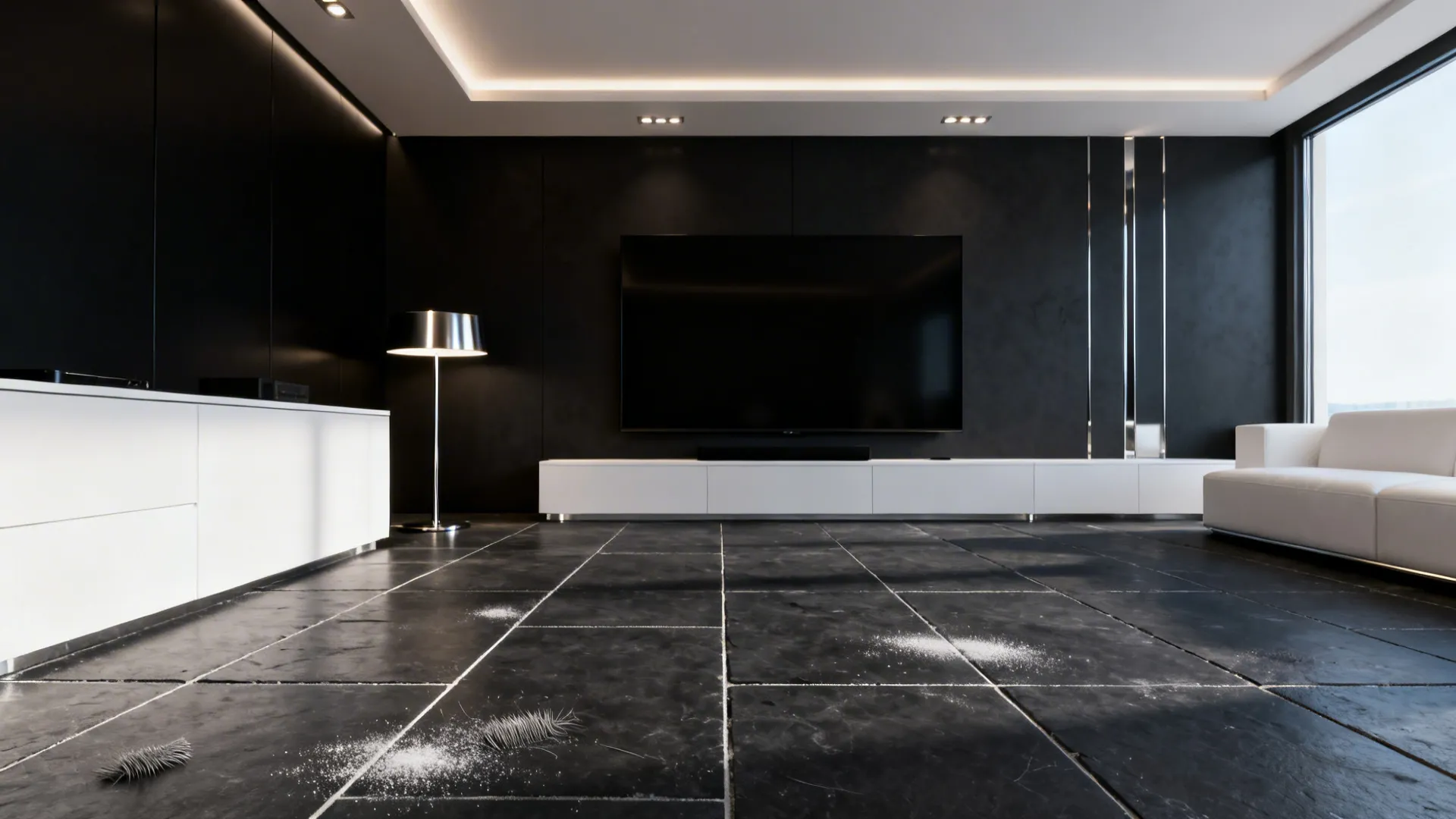 Contemporary media room with dark slate tiles, white seating and balanced lighting.