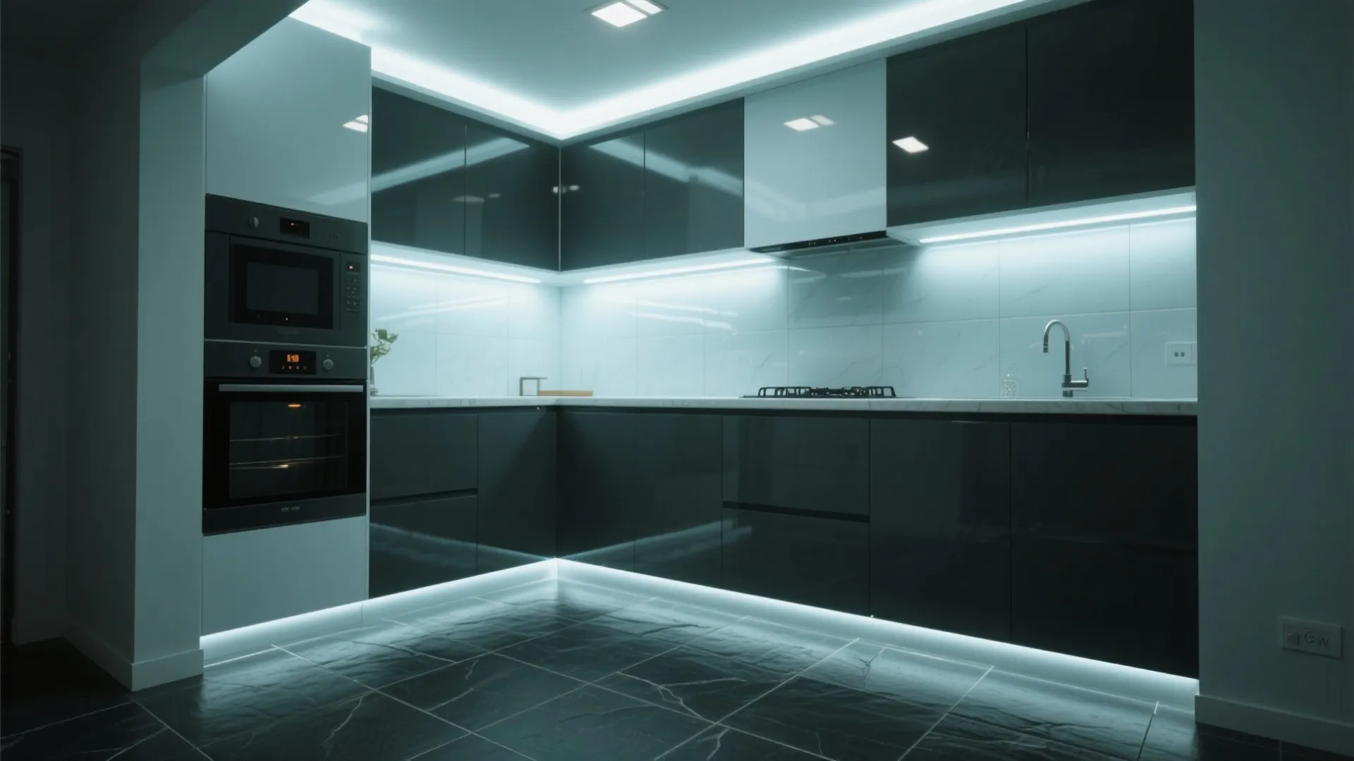 Modern dark kitchen with glossy black cabinets under cabinet light fixture and black stone floor