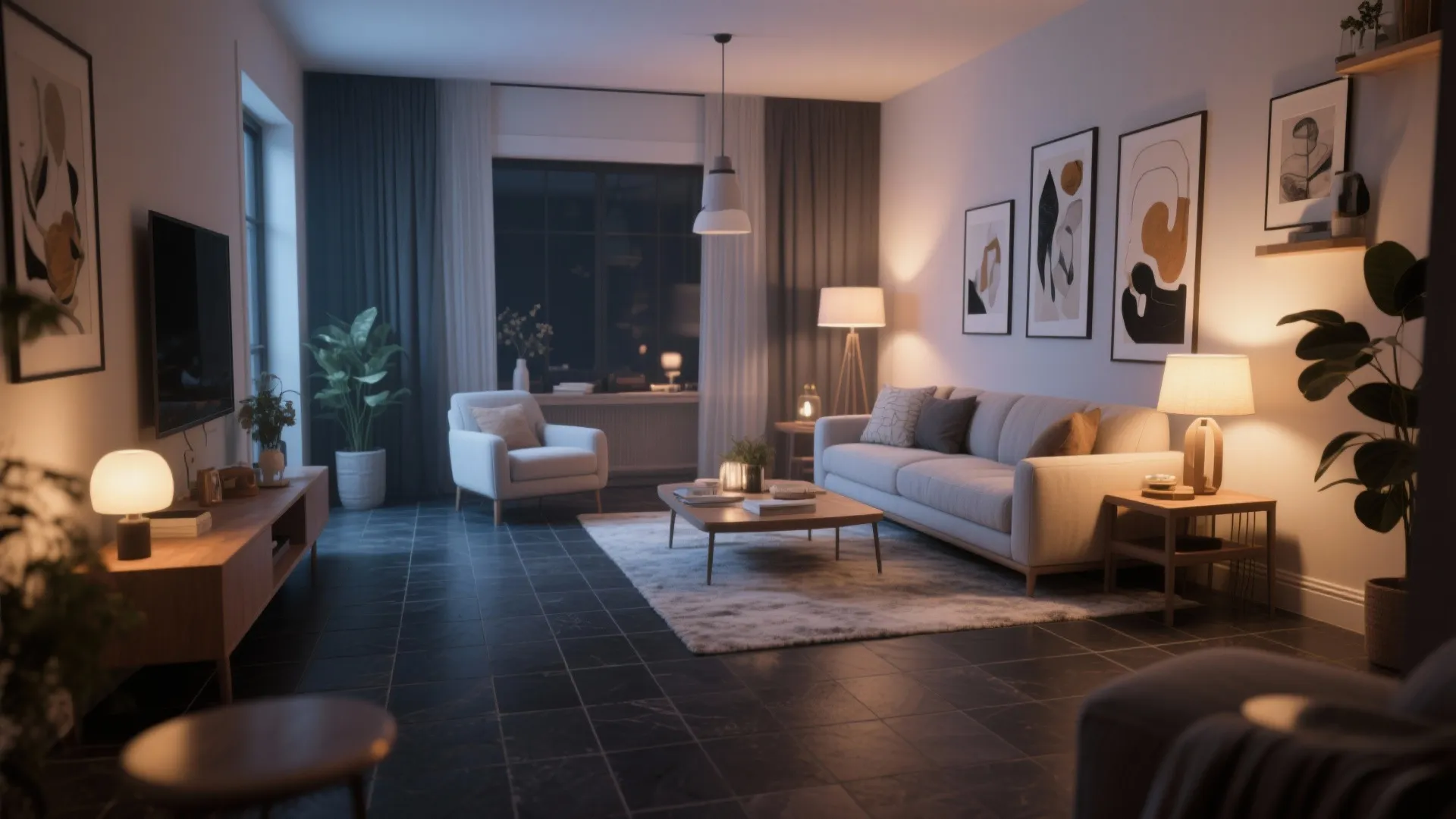 Cozy living room with dark slate tile flooring