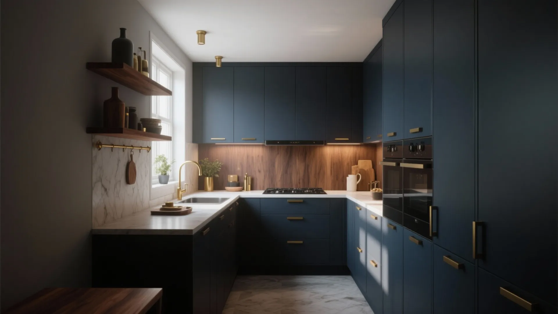 Modern kitchen featuring dark blue cabinets gold handles wooden backsplash marble countertop and a small sink