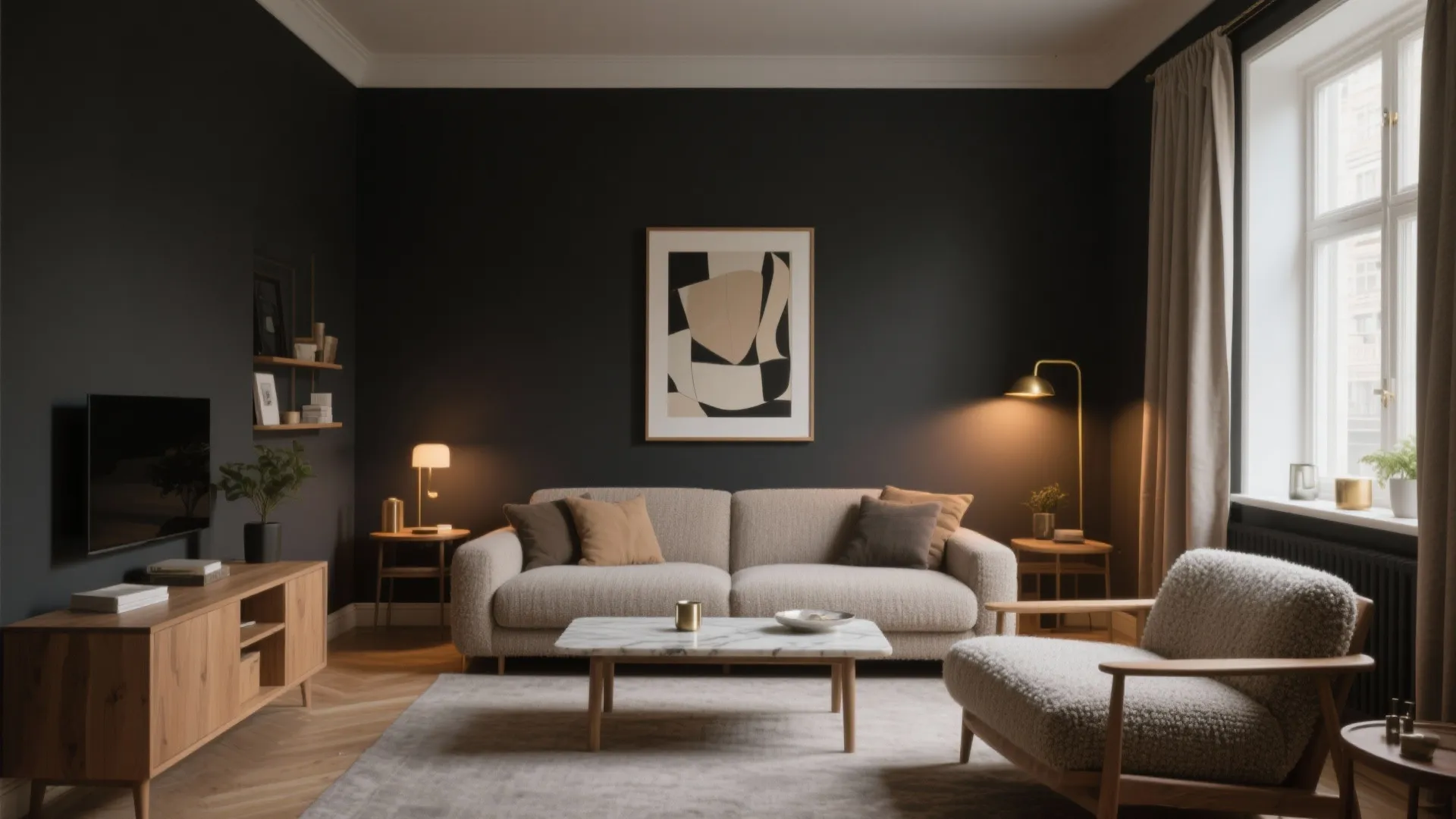 Modern living room with dark walls beige sofa marble table wooden cabinet and fuzzy armchair