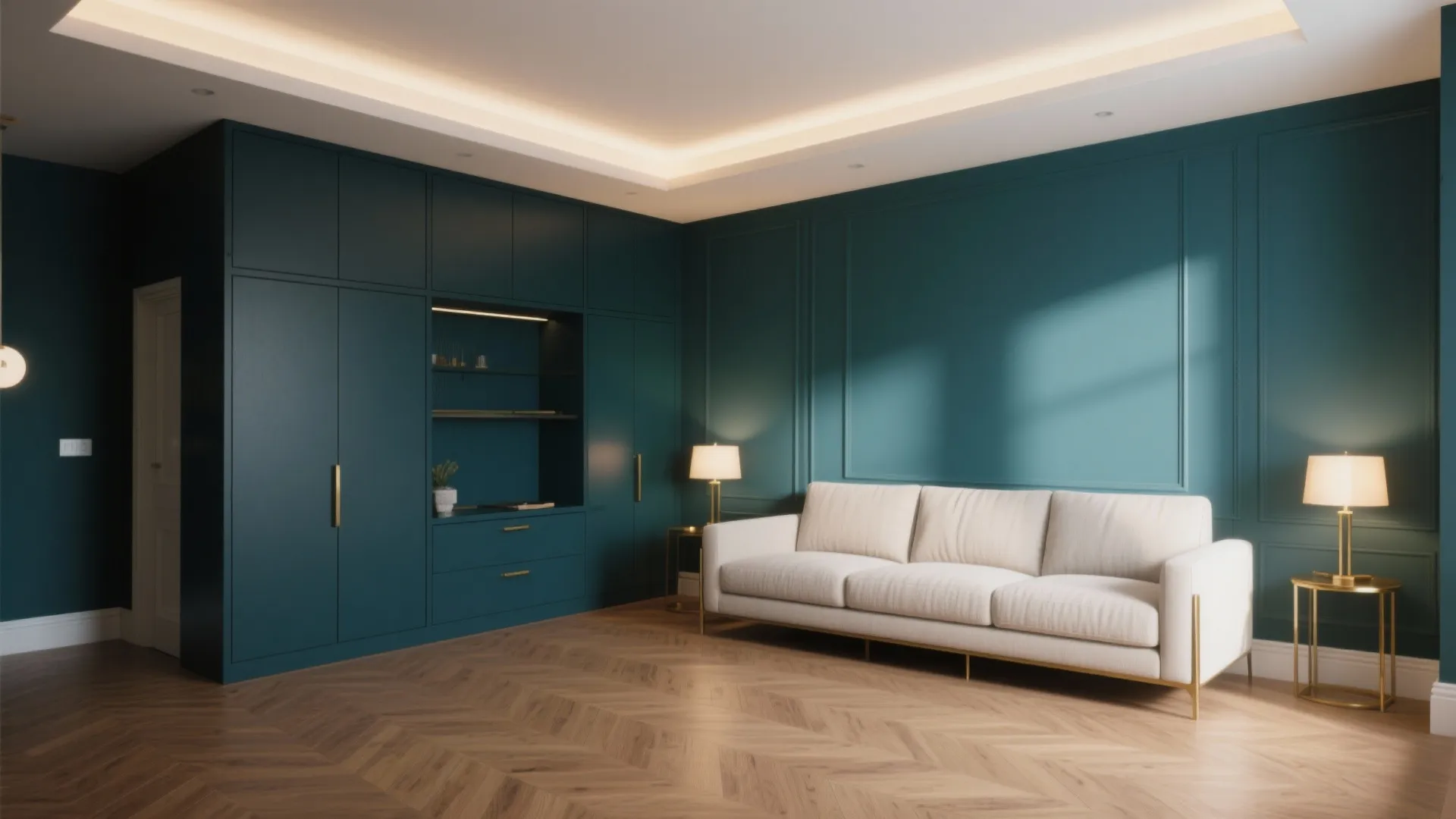 Modern dark teal living room featuring cream sofa wood floor large cabinet and warm table lamps