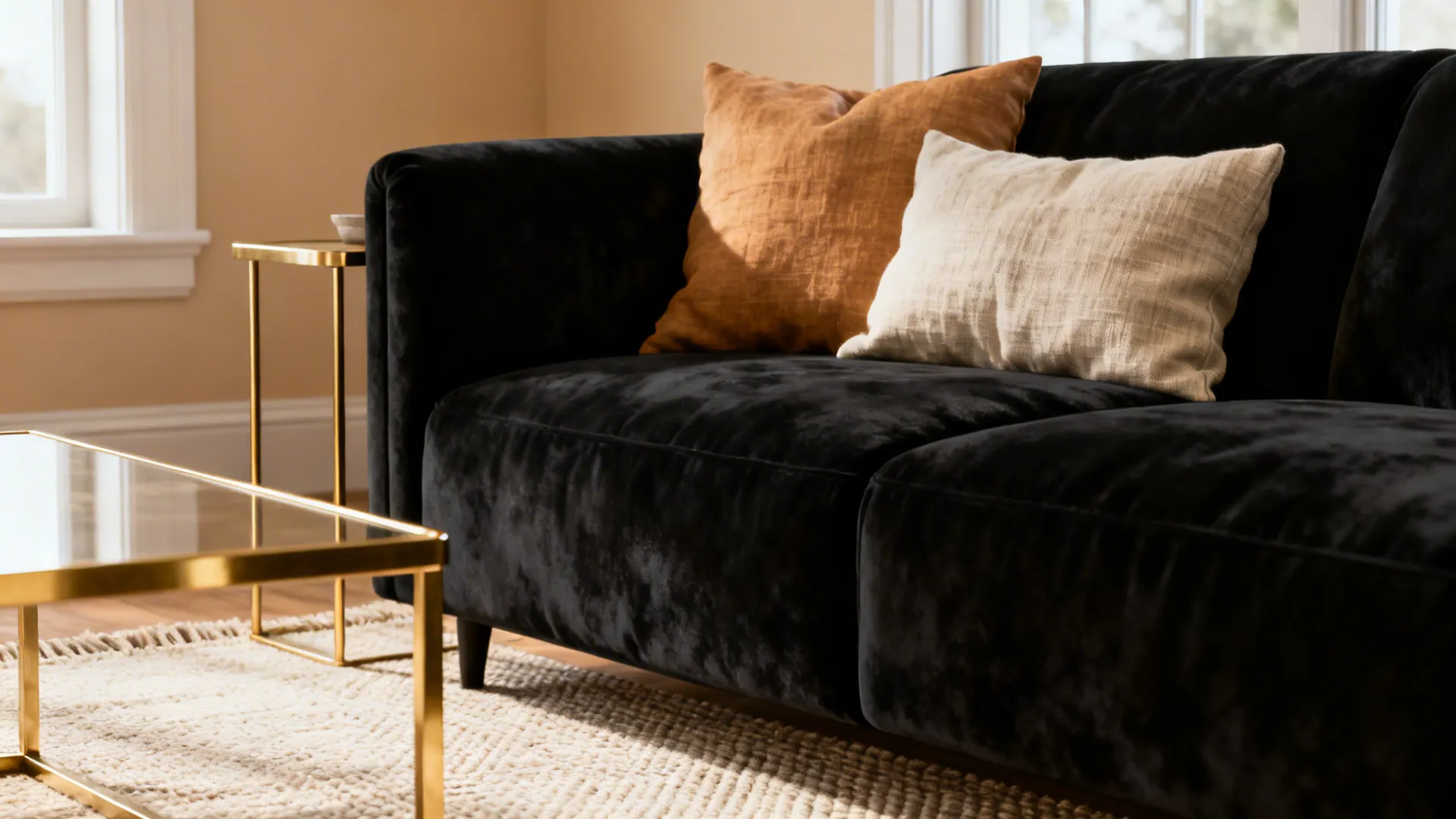 Deep charcoal sofa anchored with gold side table and light textured rug in a small living room.
