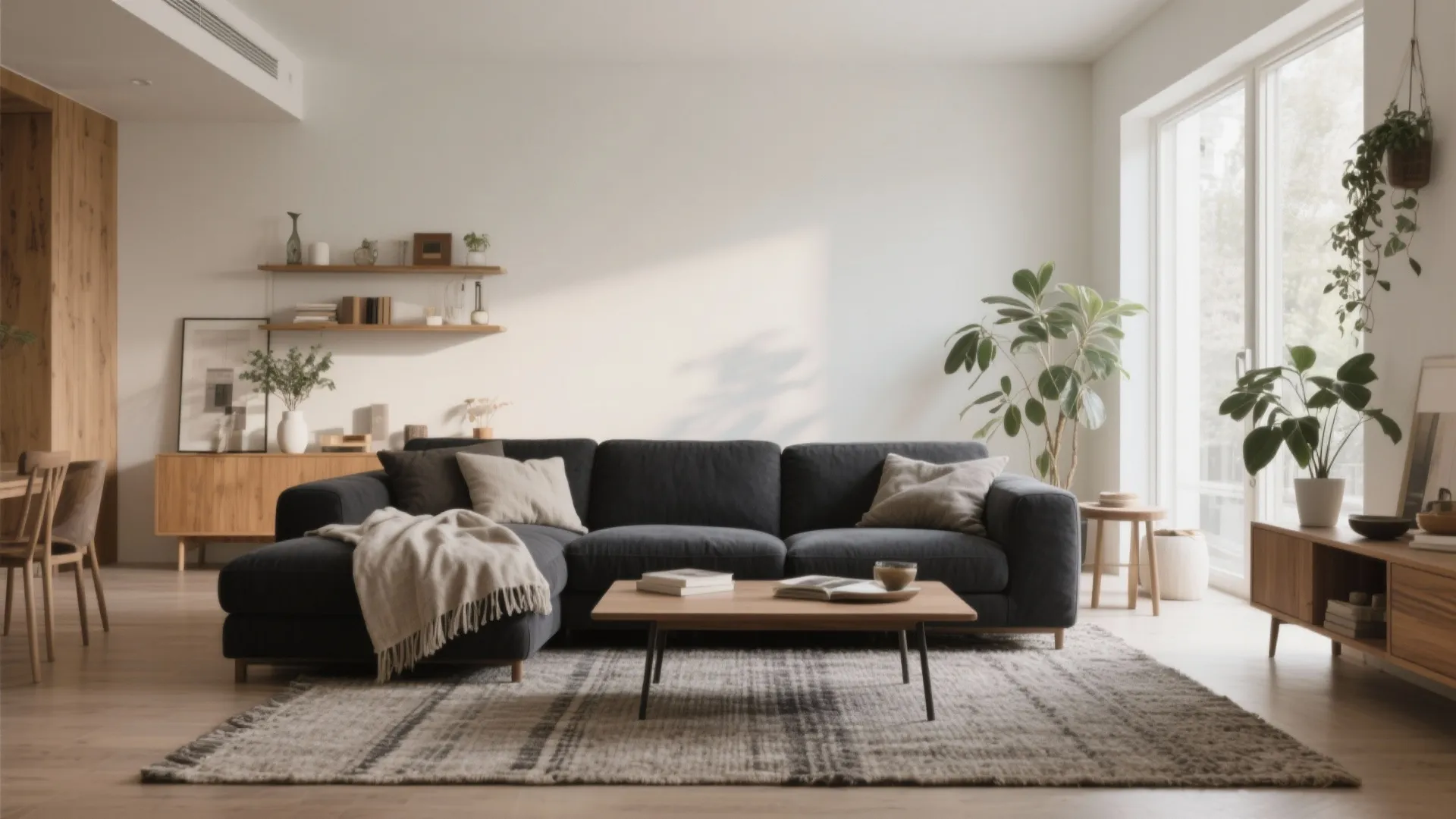 Minimalist living room with dark blue sofa wooden coffee table patterned rug and green plants