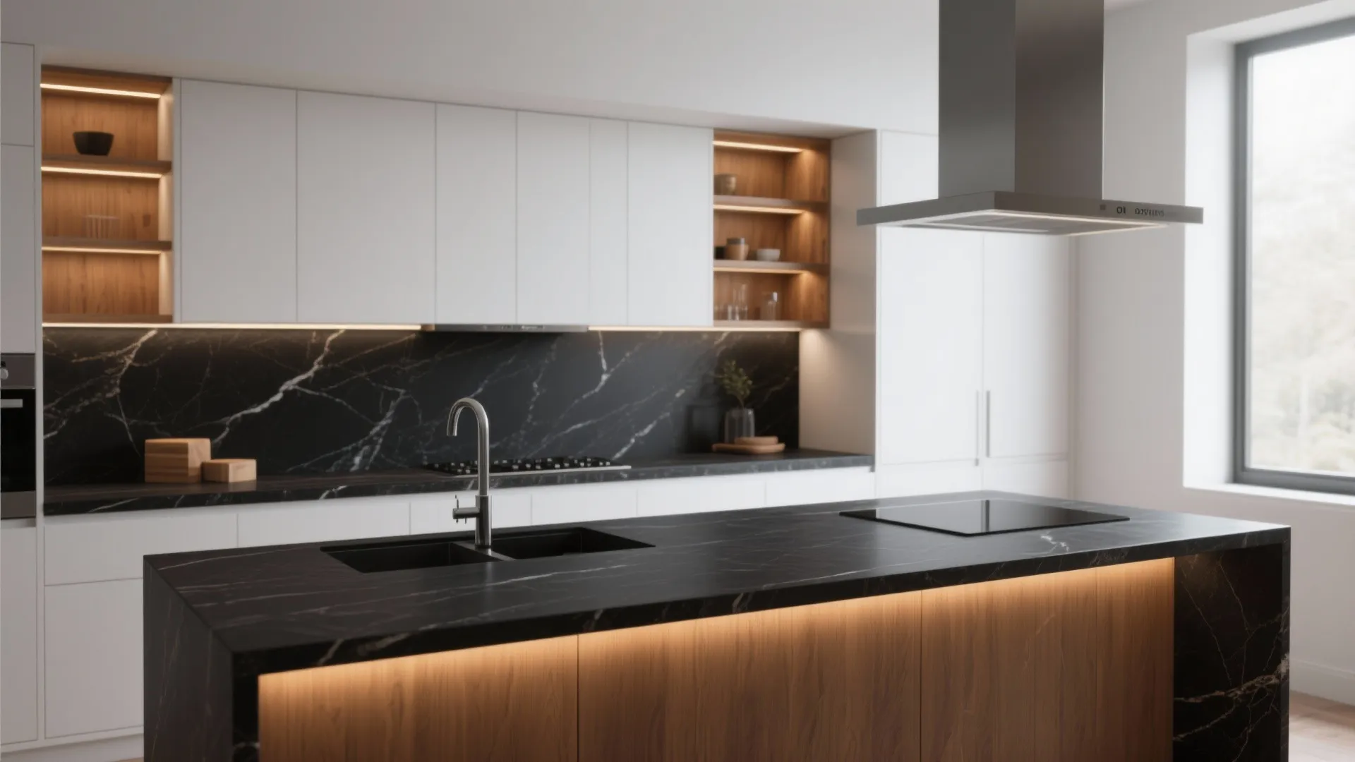Modern kitchen with black marble countertops white cabinets wooden shelves warm lighting and grey range hood