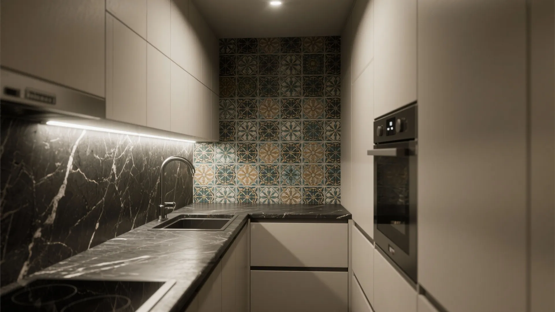 5. Dark Engineered Stone Countertop + Patterned Ceramic Backsplash