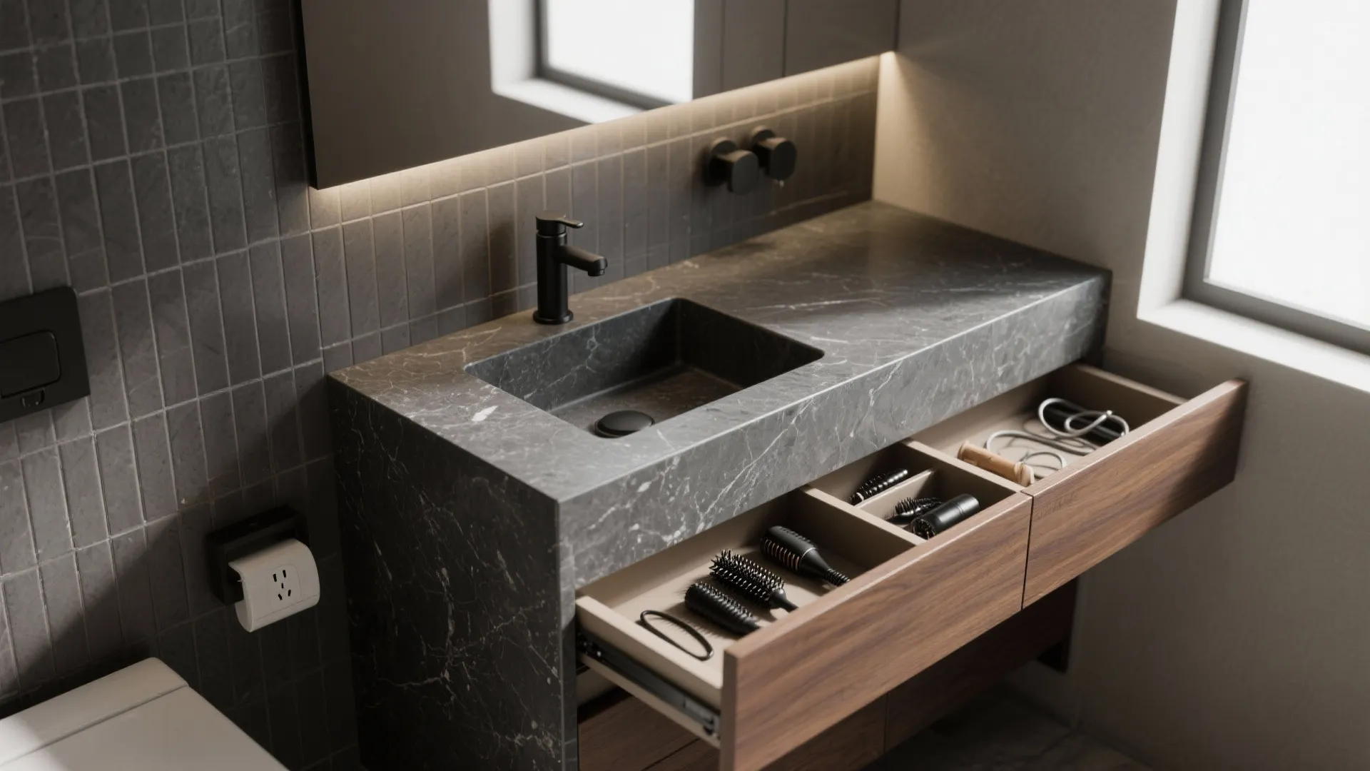 Dark Stone Vanity with Integrated Storage